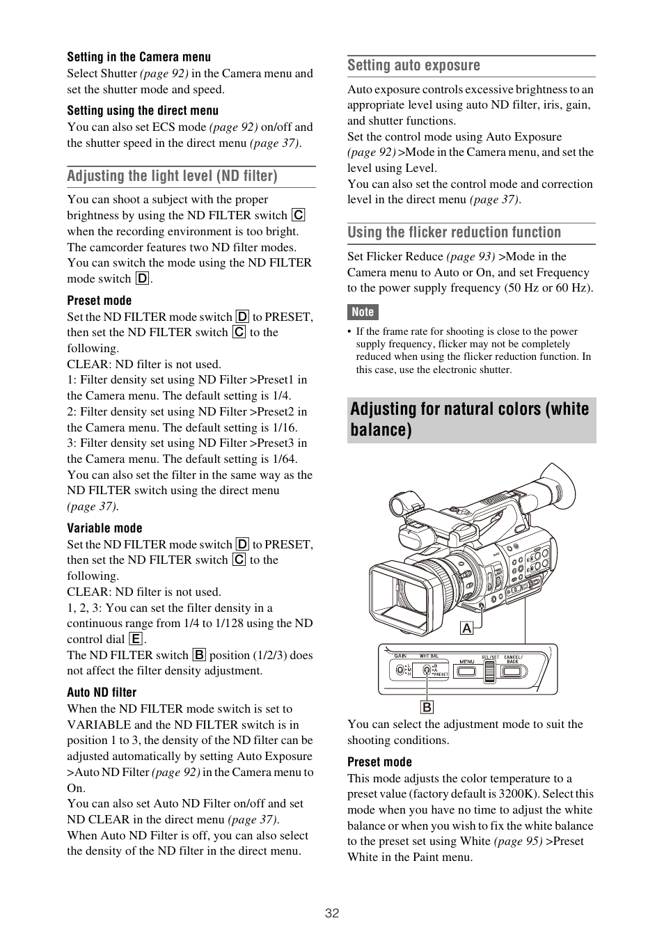 Adjusting for natural colors (white balance), Adjusting the light level (nd filter), Setting auto exposure | Using the flicker reduction function | Sony XDCA-FX9 Extension Unit for PXW-FX9 Camera User Manual | Page 32 / 154