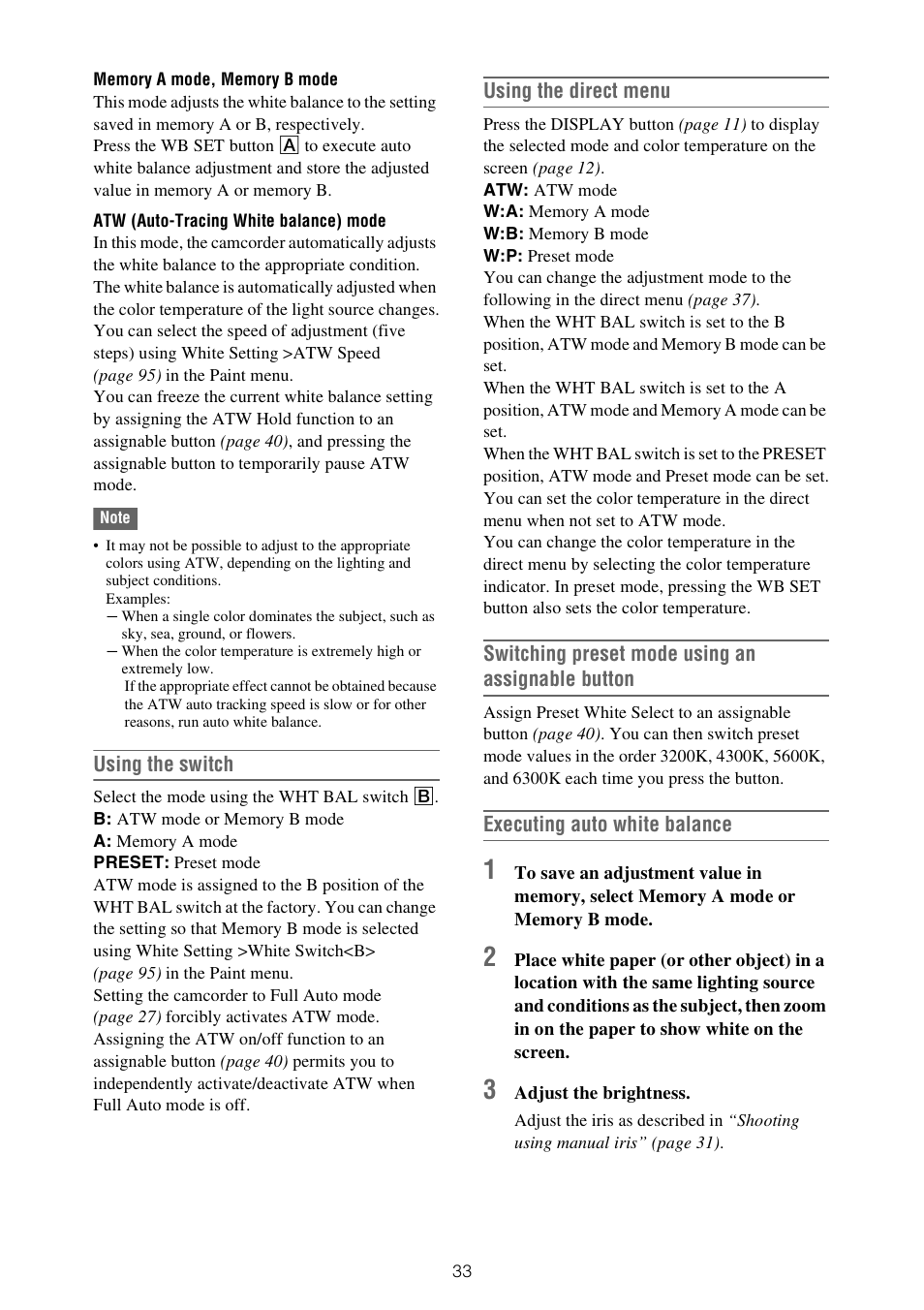 Using the switch, Using the direct menu, Switching preset mode using an assignable button | Executing auto white balance | Sony XDCA-FX9 Extension Unit for PXW-FX9 Camera User Manual | Page 33 / 154