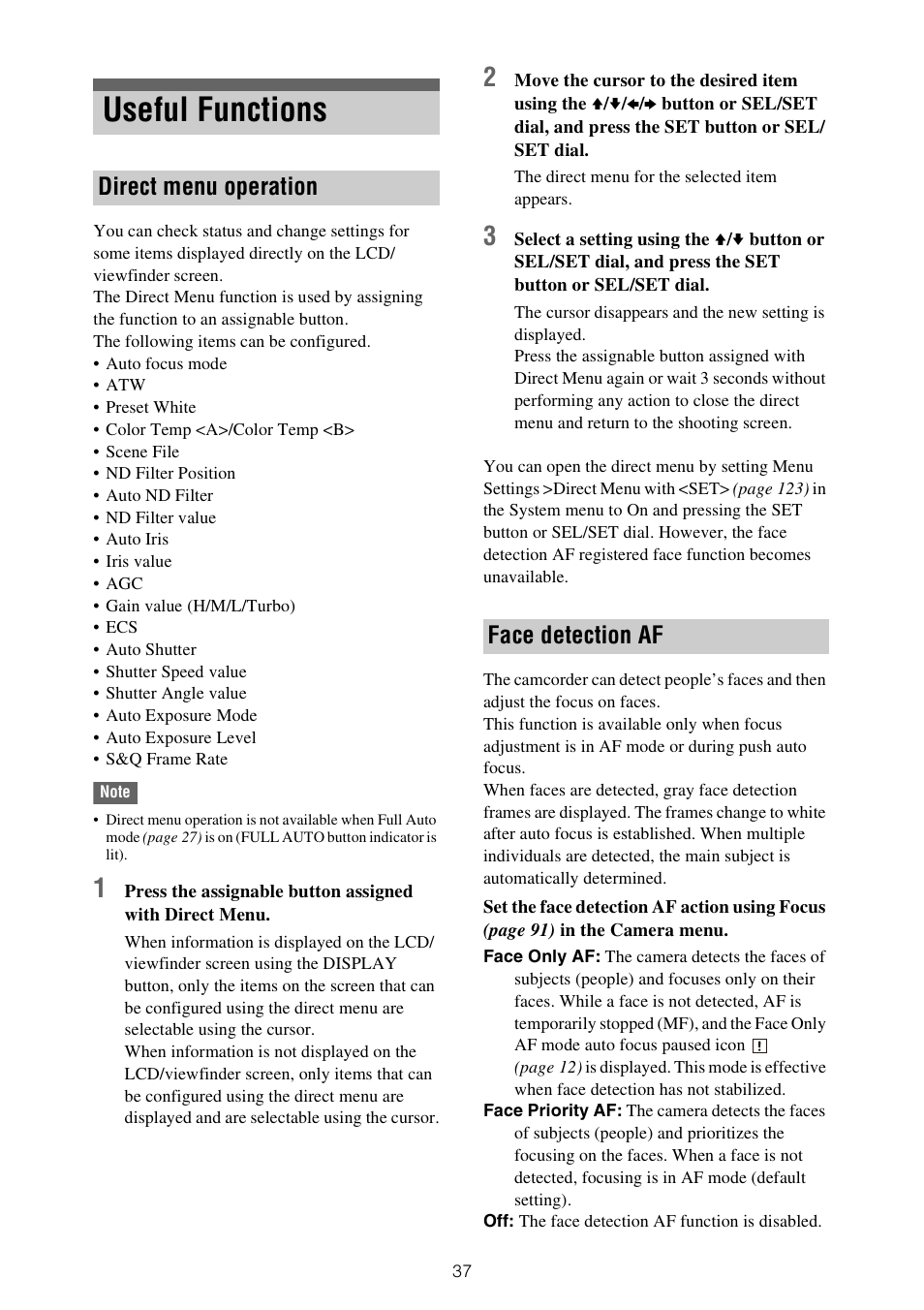 Useful functions, Direct menu operation face detection af | Sony XDCA-FX9 Extension Unit for PXW-FX9 Camera User Manual | Page 37 / 154