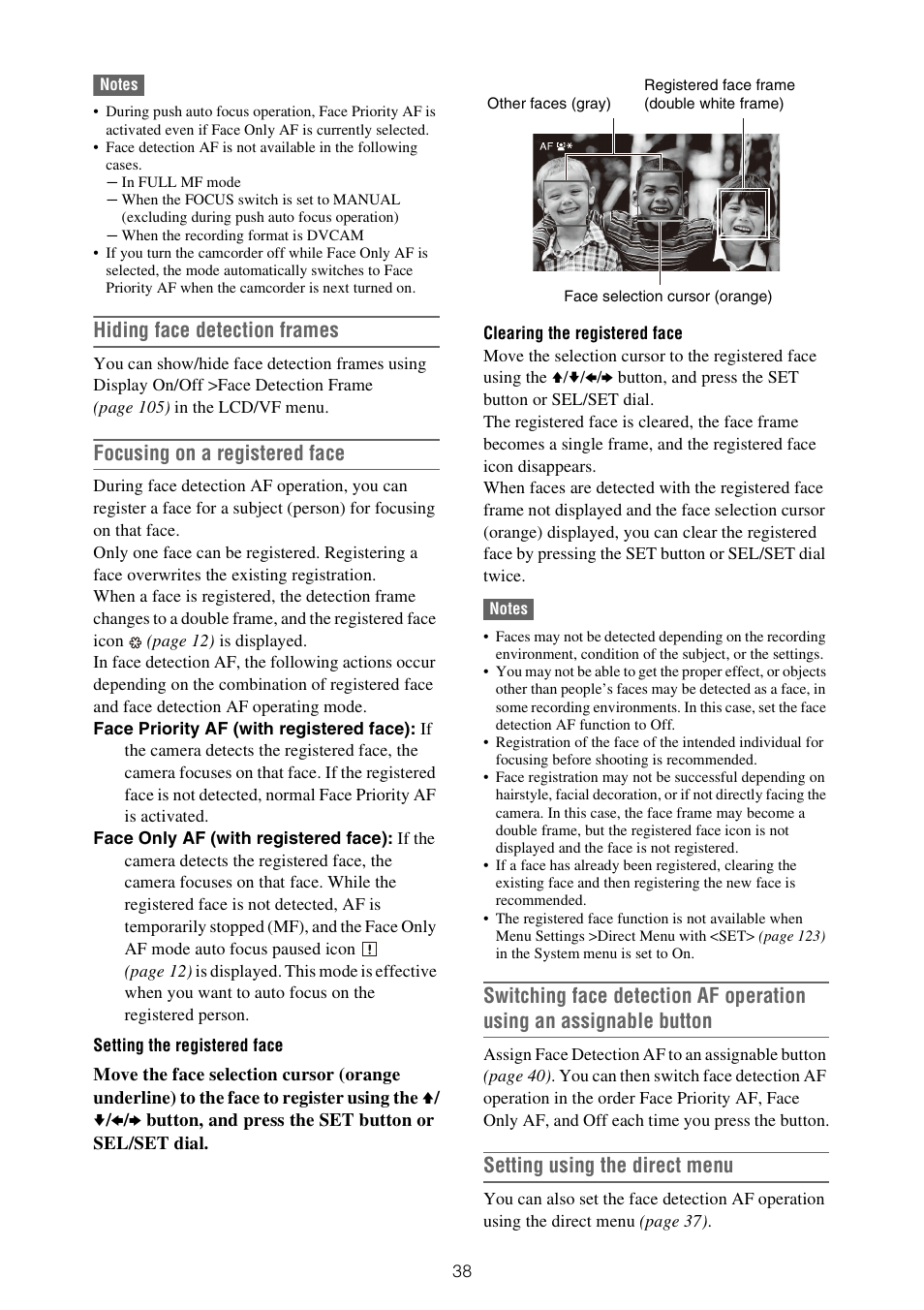 Hiding face detection frames, Focusing on a registered face, Setting using the direct menu | Sony XDCA-FX9 Extension Unit for PXW-FX9 Camera User Manual | Page 38 / 154