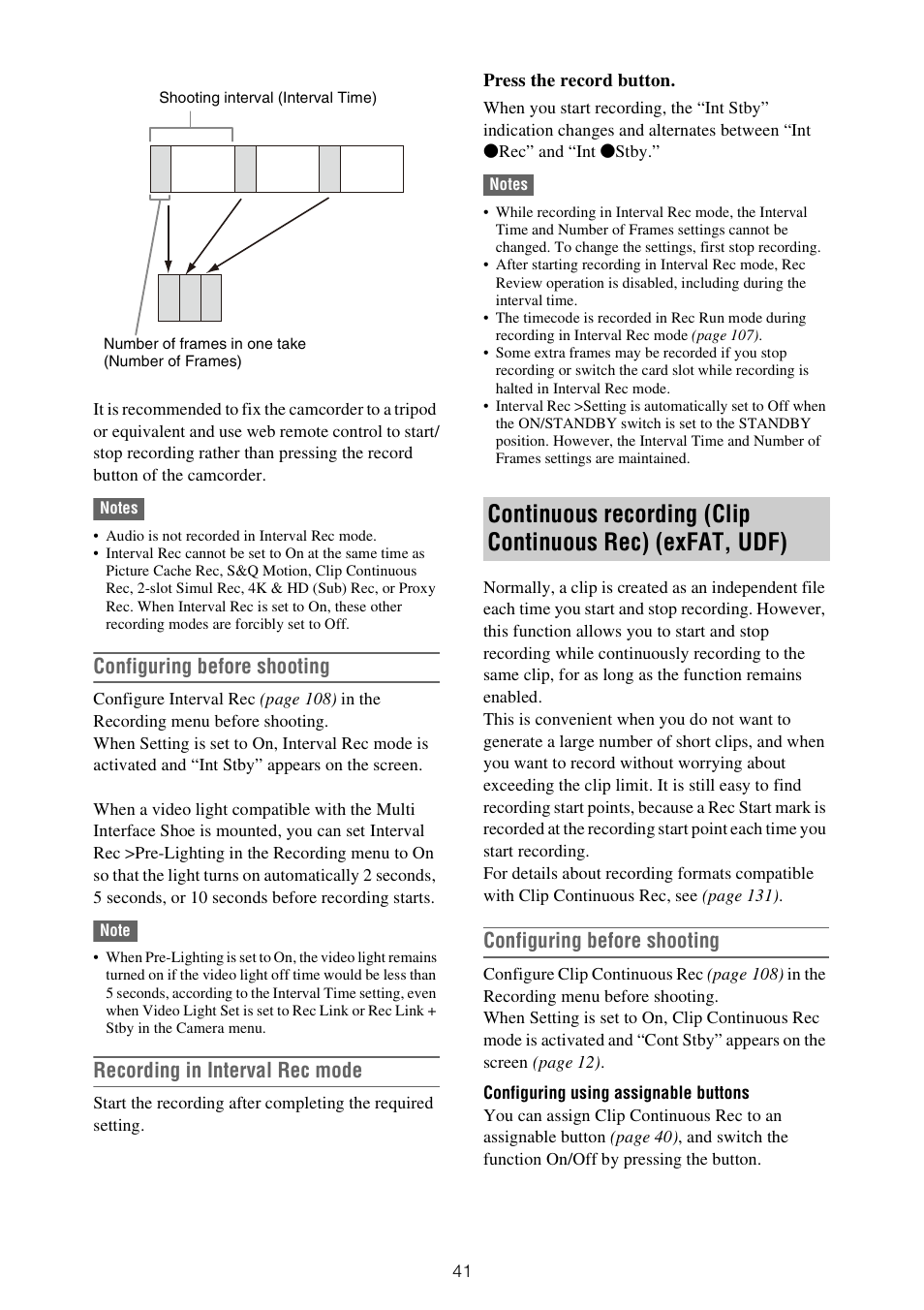 Continuous recording (clip continuous rec), Exfat, udf), Configuring before shooting | Recording in interval rec mode | Sony XDCA-FX9 Extension Unit for PXW-FX9 Camera User Manual | Page 41 / 154