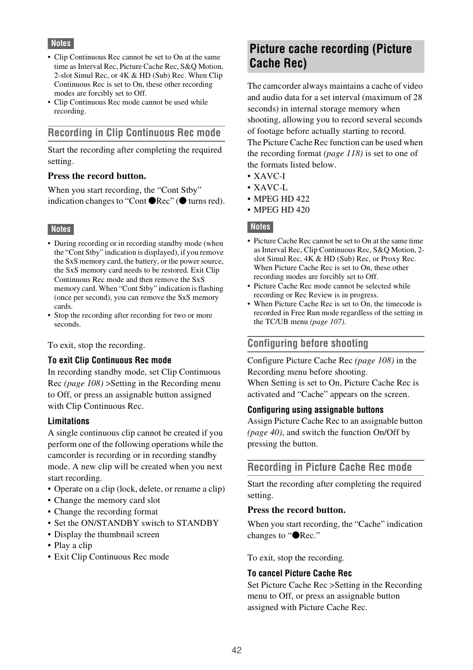 Picture cache recording (picture cache rec), Recording in clip continuous rec mode, Configuring before shooting | Recording in picture cache rec mode | Sony XDCA-FX9 Extension Unit for PXW-FX9 Camera User Manual | Page 42 / 154