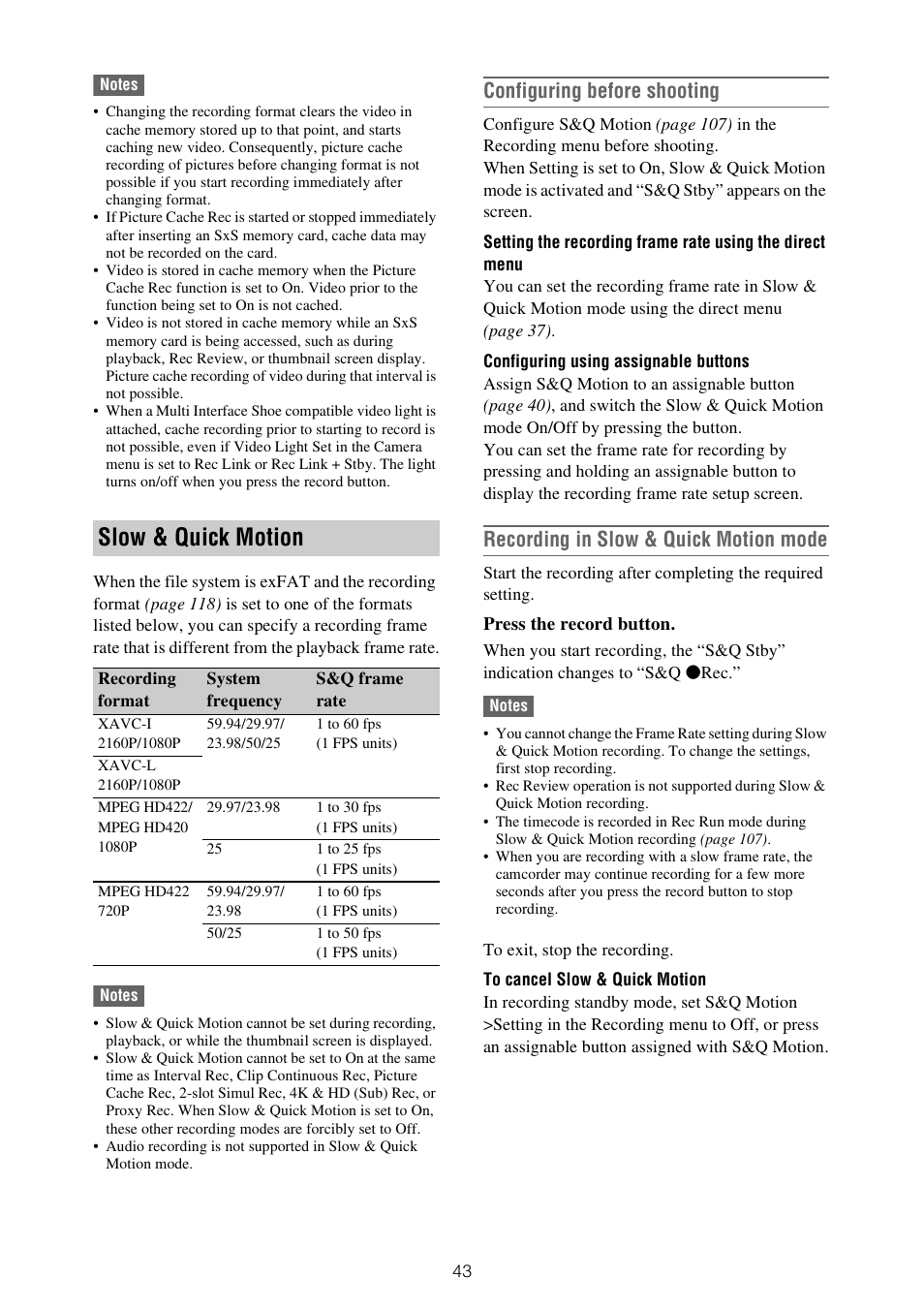 Slow & quick motion, Configuring before shooting, Recording in slow & quick motion mode | Sony XDCA-FX9 Extension Unit for PXW-FX9 Camera User Manual | Page 43 / 154