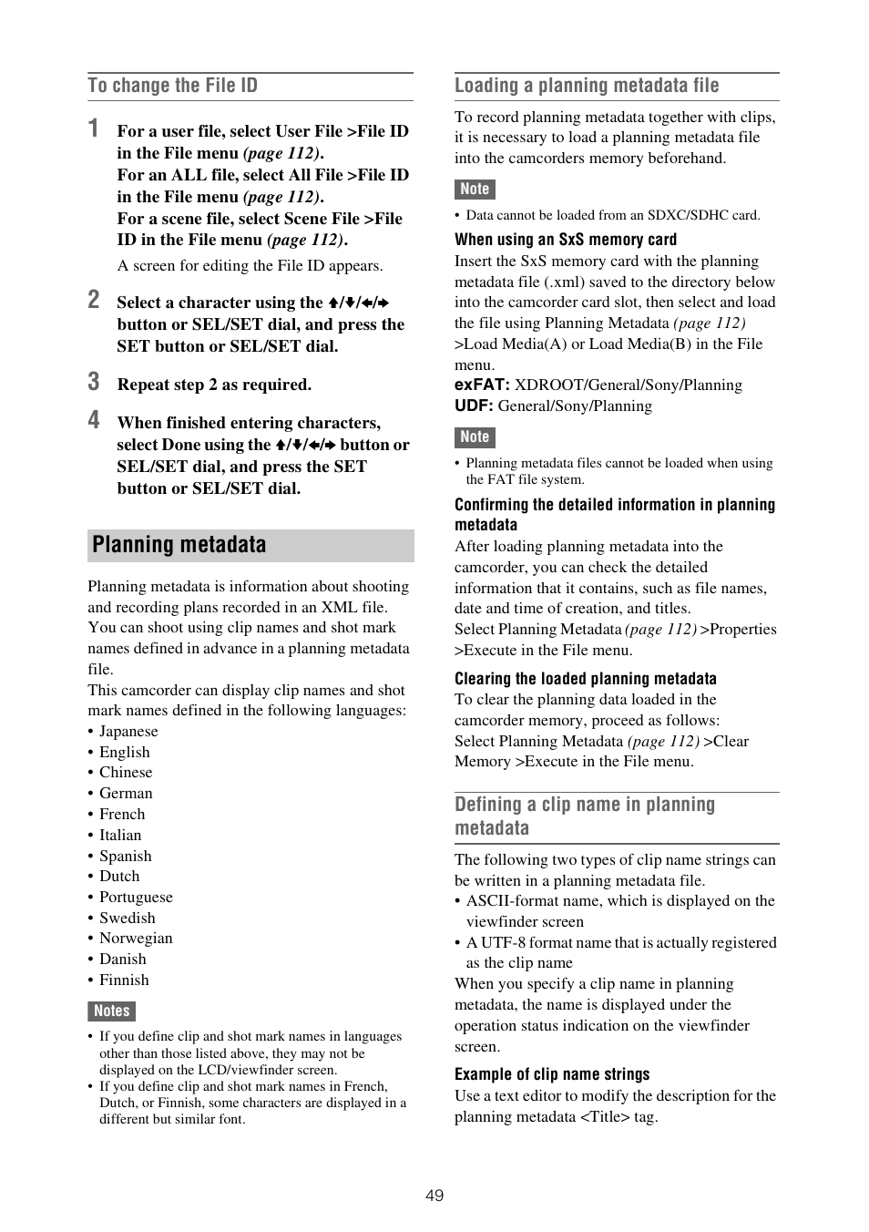 Planning metadata | Sony XDCA-FX9 Extension Unit for PXW-FX9 Camera User Manual | Page 49 / 154