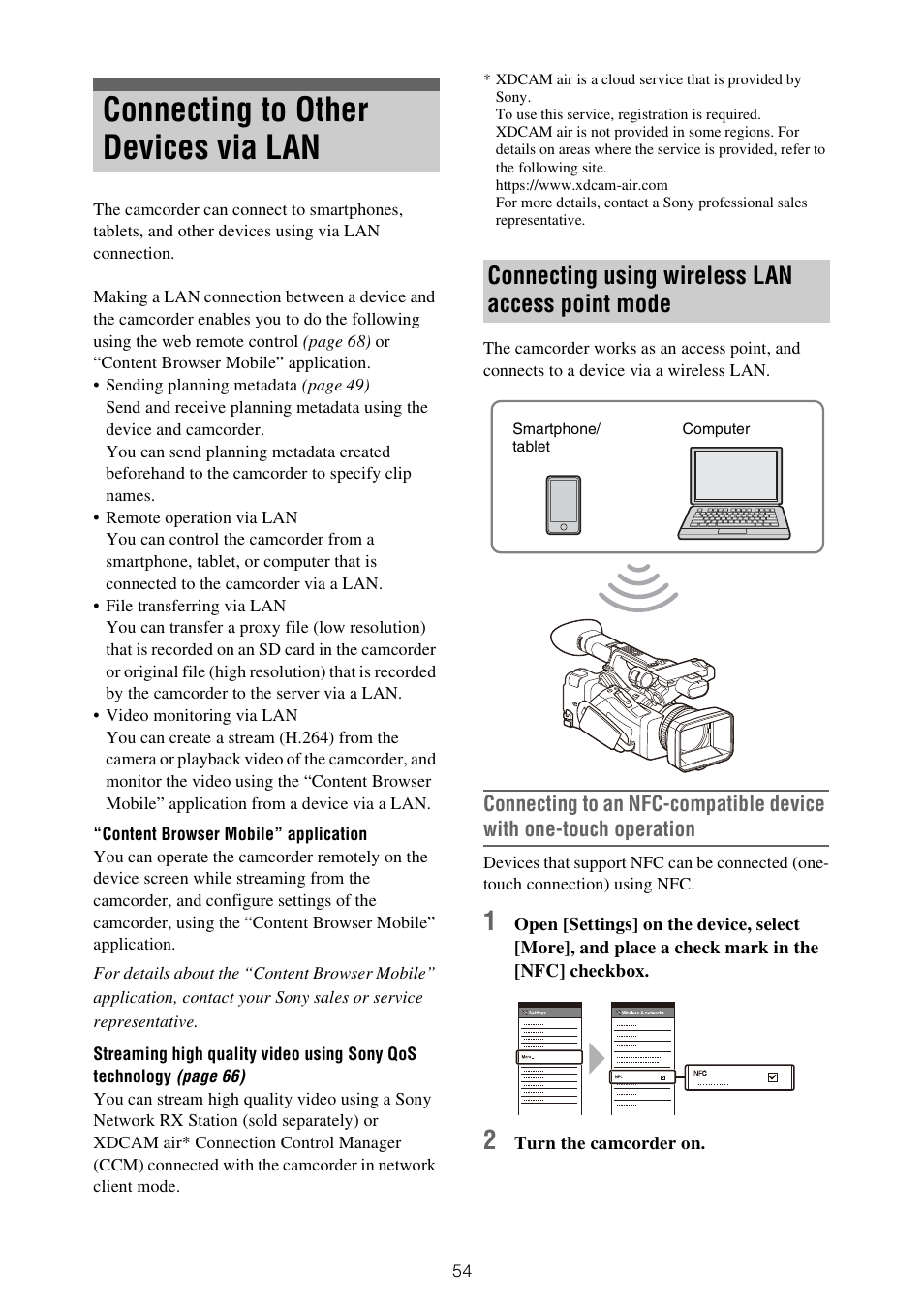 Connecting to other devices via lan, Connecting using wireless lan access point mode | Sony XDCA-FX9 Extension Unit for PXW-FX9 Camera User Manual | Page 54 / 154