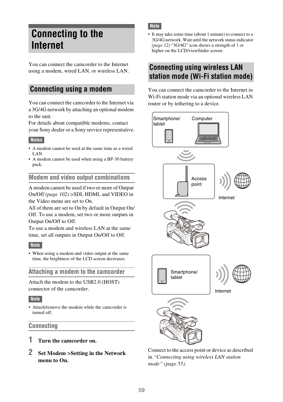 Connecting to the internet, Station mode), Modem and video output combinations | Attaching a modem to the camcorder, Connecting | Sony XDCA-FX9 Extension Unit for PXW-FX9 Camera User Manual | Page 59 / 154