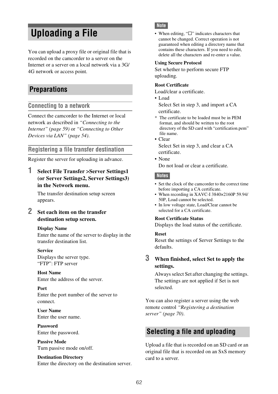 Uploading a file, Preparations selecting a file and uploading, Connecting to a network | Registering a file transfer destination | Sony XDCA-FX9 Extension Unit for PXW-FX9 Camera User Manual | Page 62 / 154