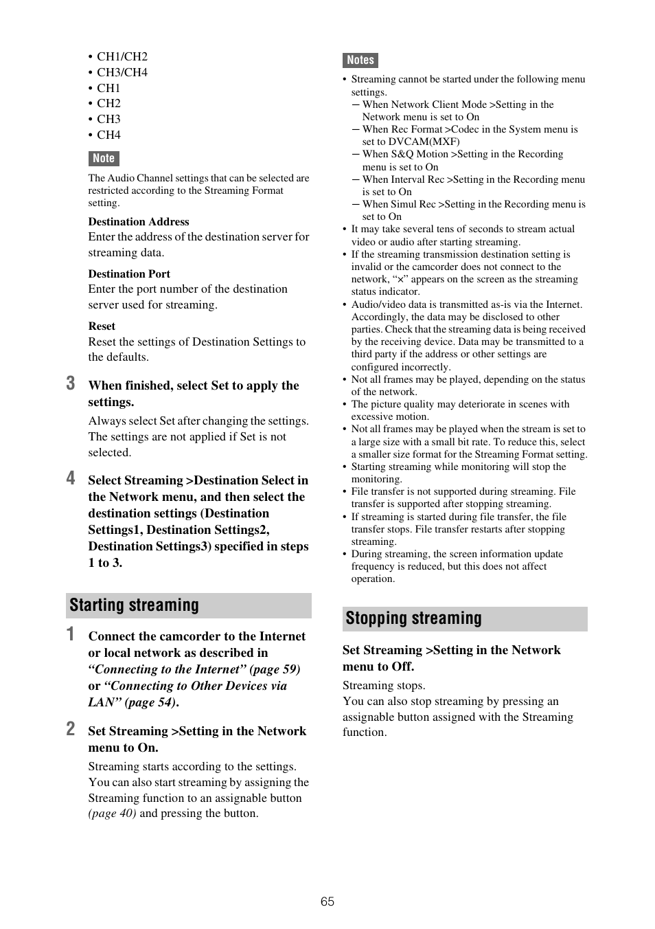 Starting streaming stopping streaming | Sony XDCA-FX9 Extension Unit for PXW-FX9 Camera User Manual | Page 65 / 154