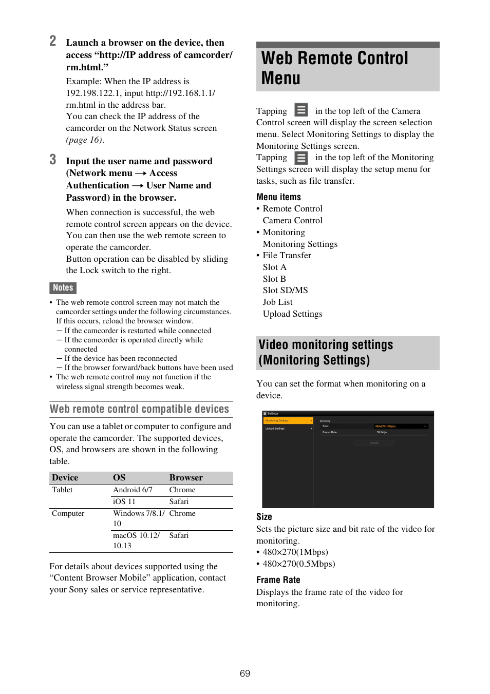 Web remote control menu, Video monitoring settings (monitoring settings), Web remote control compatible devices | Sony XDCA-FX9 Extension Unit for PXW-FX9 Camera User Manual | Page 69 / 154