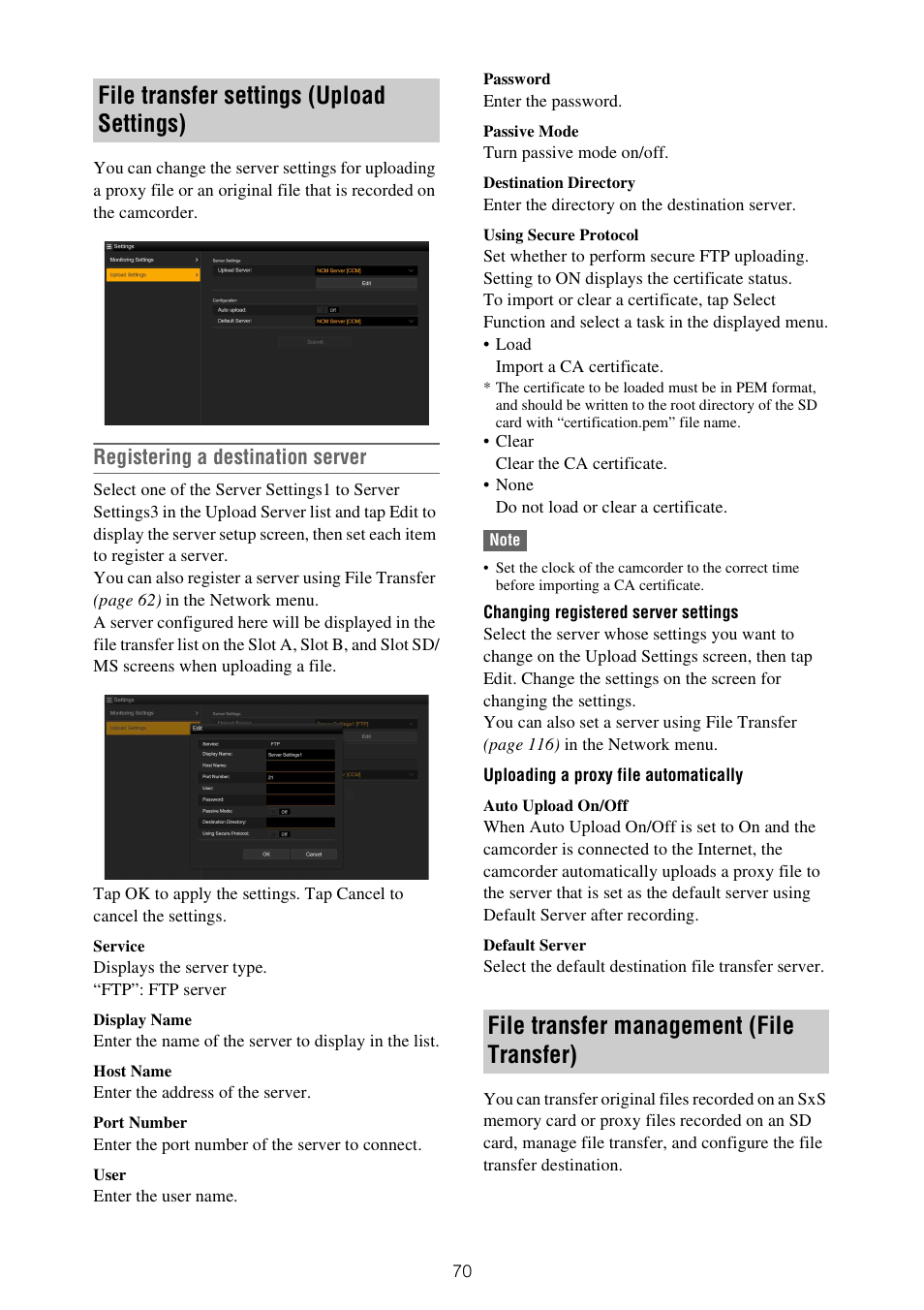 Registering a destination, Registering a destination server, Uploading a proxy file | Registering | Sony XDCA-FX9 Extension Unit for PXW-FX9 Camera User Manual | Page 70 / 154