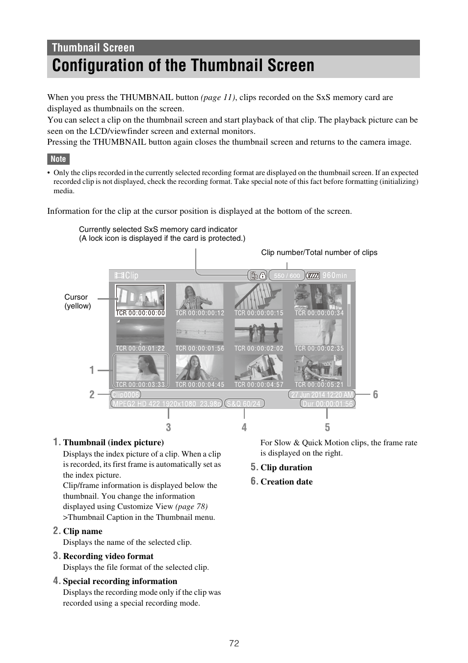 Thumbnail screen, Configuration of the thumbnail screen | Sony XDCA-FX9 Extension Unit for PXW-FX9 Camera User Manual | Page 72 / 154