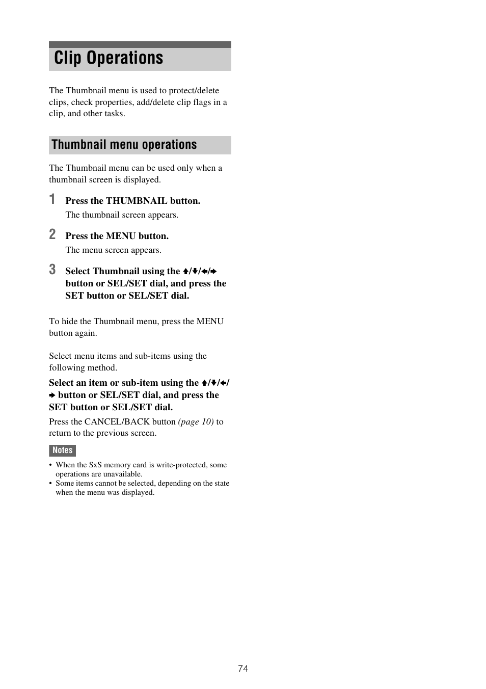 Clip operations, Thumbnail menu operations | Sony XDCA-FX9 Extension Unit for PXW-FX9 Camera User Manual | Page 74 / 154