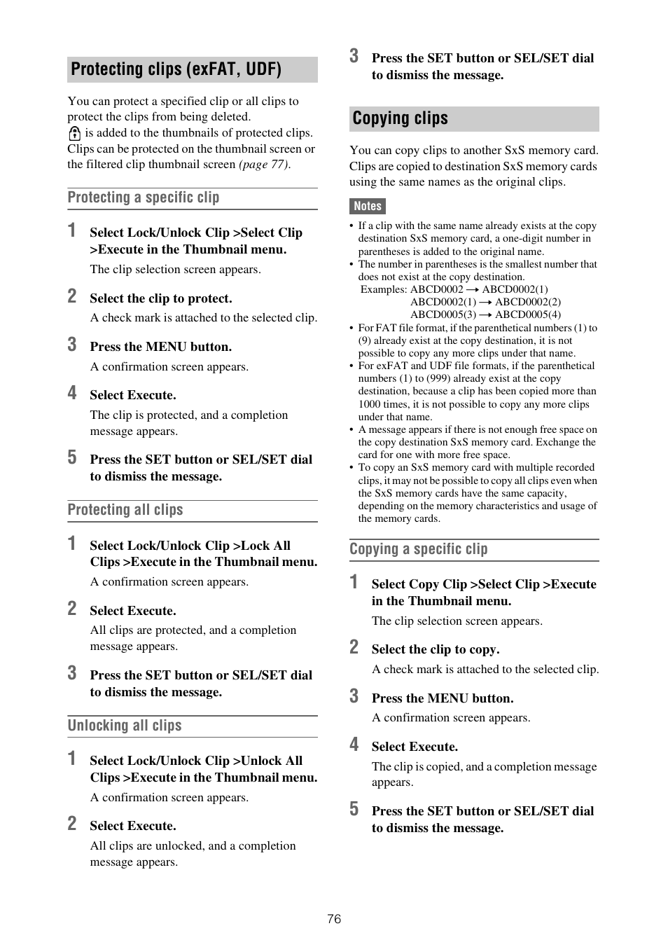 Protecting clips (exfat, udf) copying clips | Sony XDCA-FX9 Extension Unit for PXW-FX9 Camera User Manual | Page 76 / 154