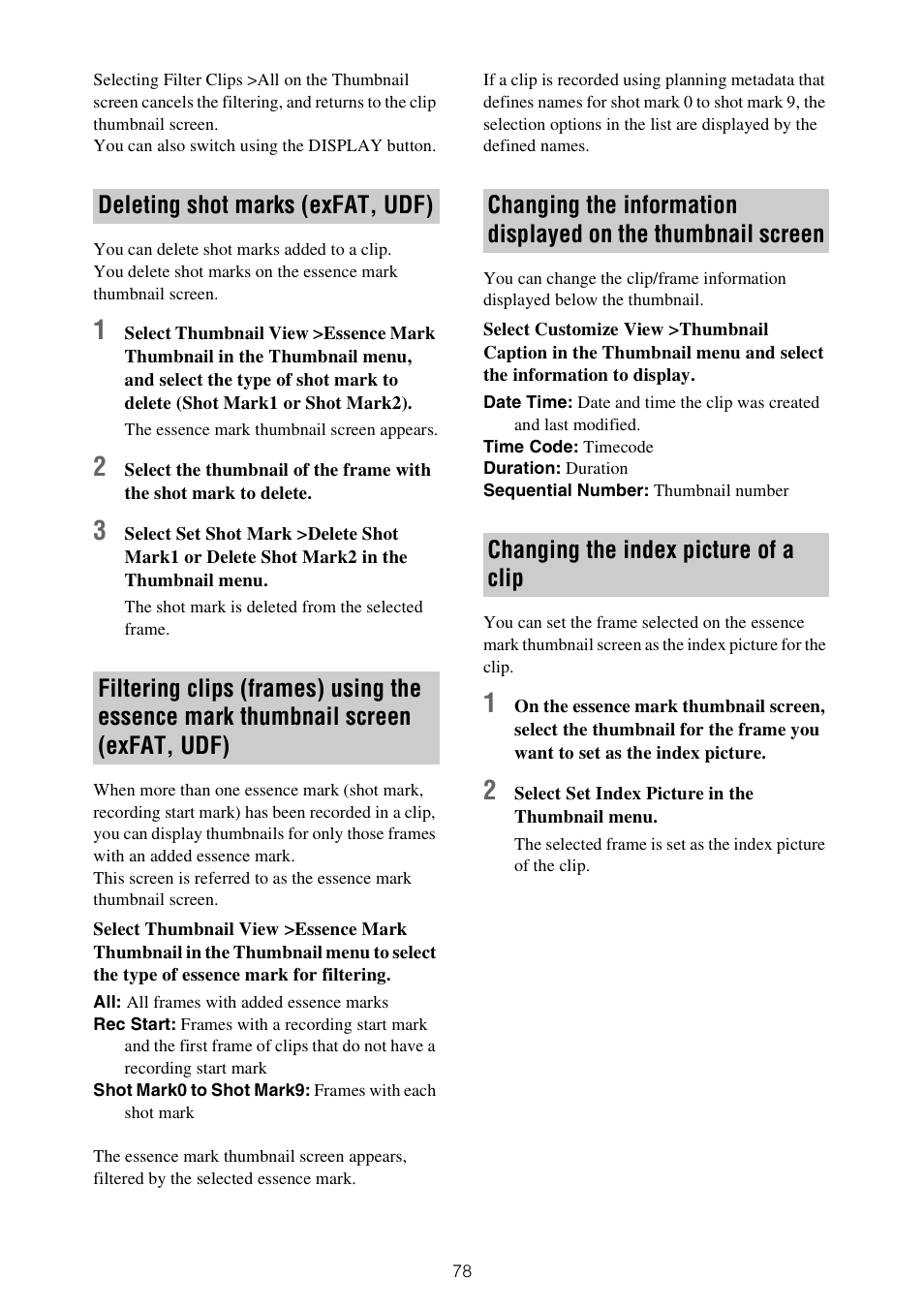 Deleting shot marks (exfat, udf), Filtering clips (frames) using the essence mark, Thumbnail screen (exfat, udf) | Screen, Changing the index picture of a clip | Sony XDCA-FX9 Extension Unit for PXW-FX9 Camera User Manual | Page 78 / 154