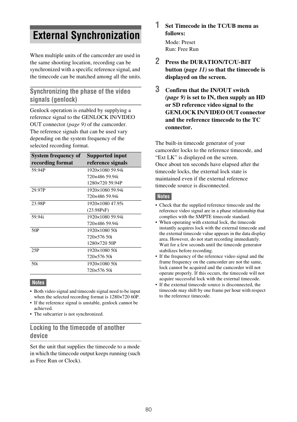 External synchronization, Locking to the timecode of another device | Sony XDCA-FX9 Extension Unit for PXW-FX9 Camera User Manual | Page 80 / 154