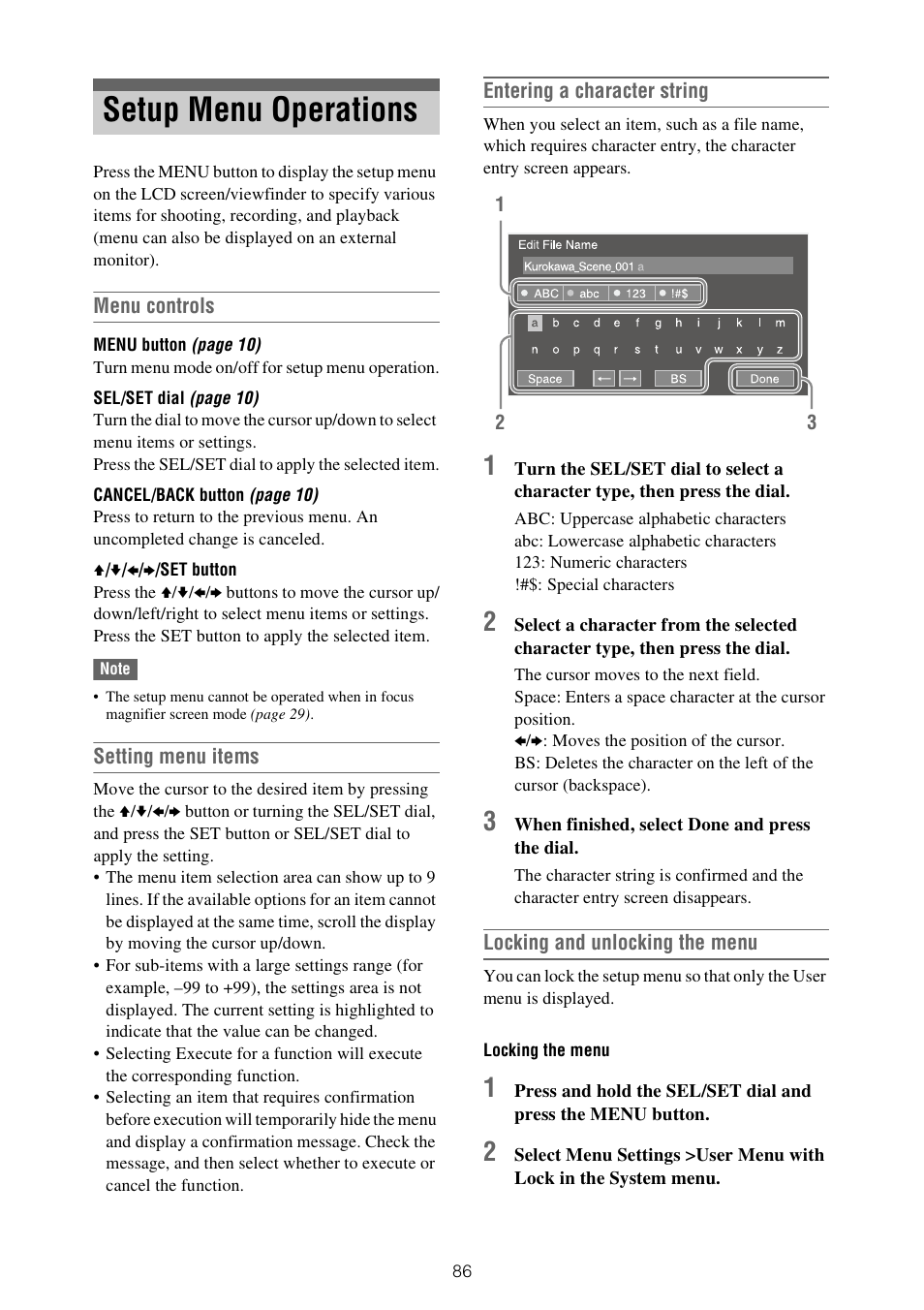 Setup menu operations, Tton | Sony XDCA-FX9 Extension Unit for PXW-FX9 Camera User Manual | Page 86 / 154