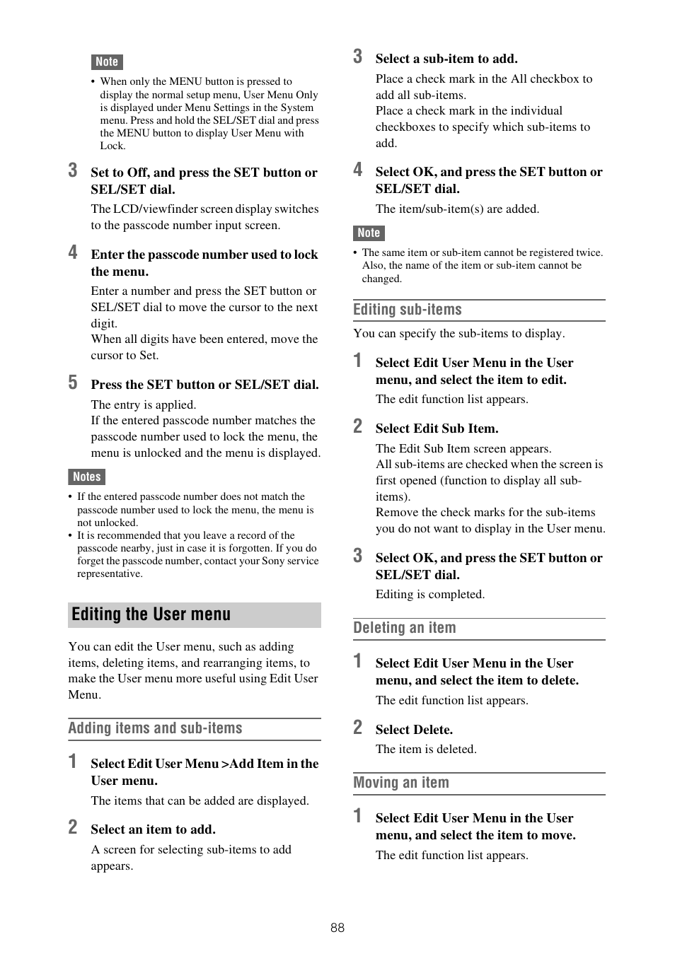 Editing the user menu | Sony XDCA-FX9 Extension Unit for PXW-FX9 Camera User Manual | Page 88 / 154