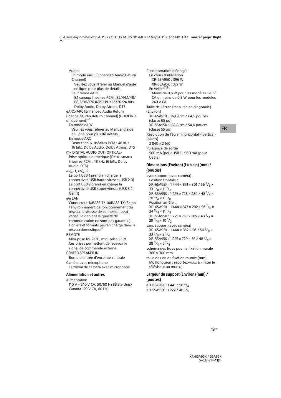 Alimentation et autres, Dimensions (environ) (l × h × p) (mm) / (pouces), Largeur du support (environ) (mm) / (pouces) | Sony Xperia PRO 5G Smartphone User Manual | Page 27 / 48