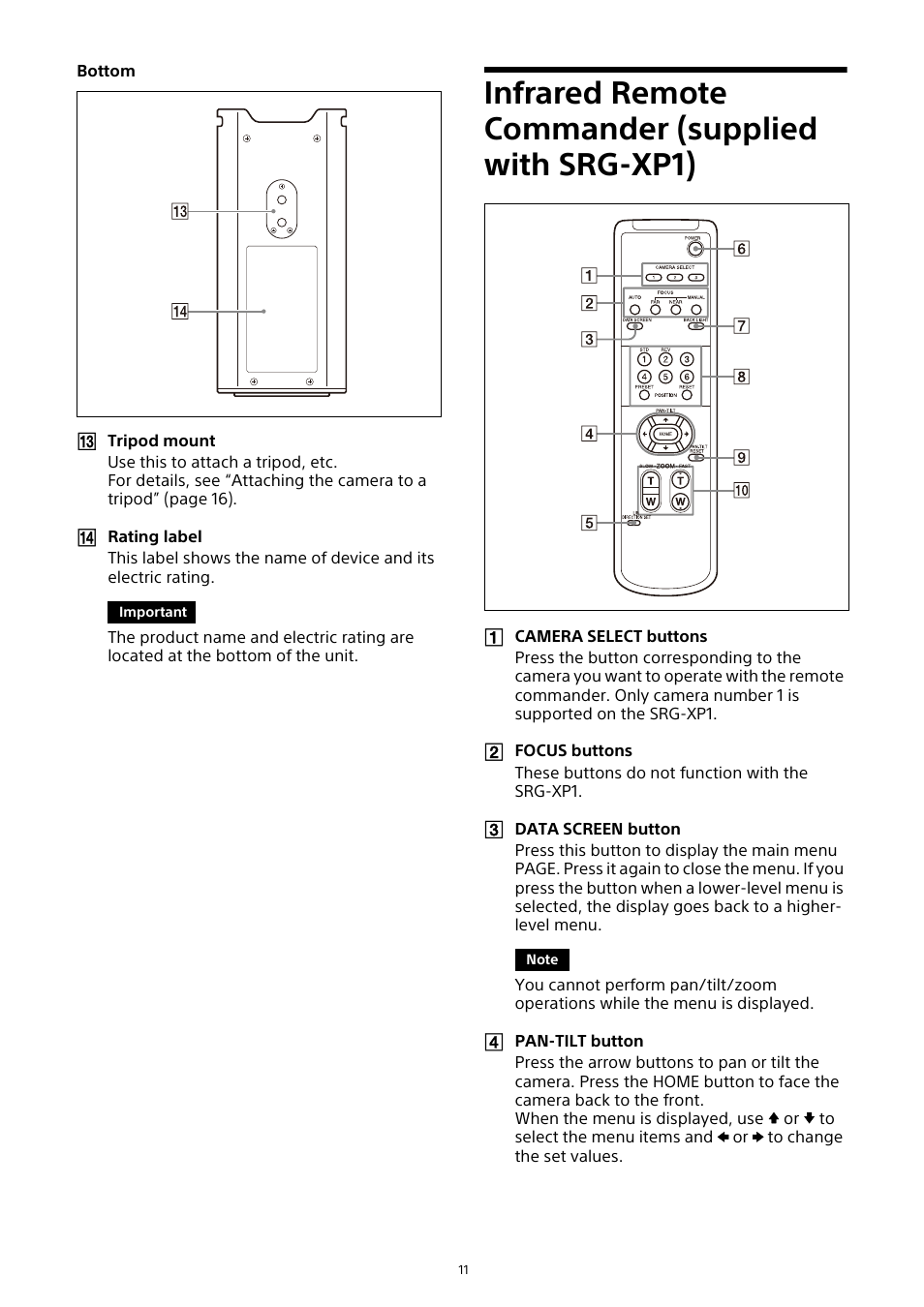 Infrared remote commander (supplied with srg-xp1), Infrared remote commander (supplied with, Srg-xp1) | Sony HDVF-EL30 0.7" FHD OLED Viewfinder with 3.5" Display for 4K/HD Cameras User Manual | Page 11 / 73