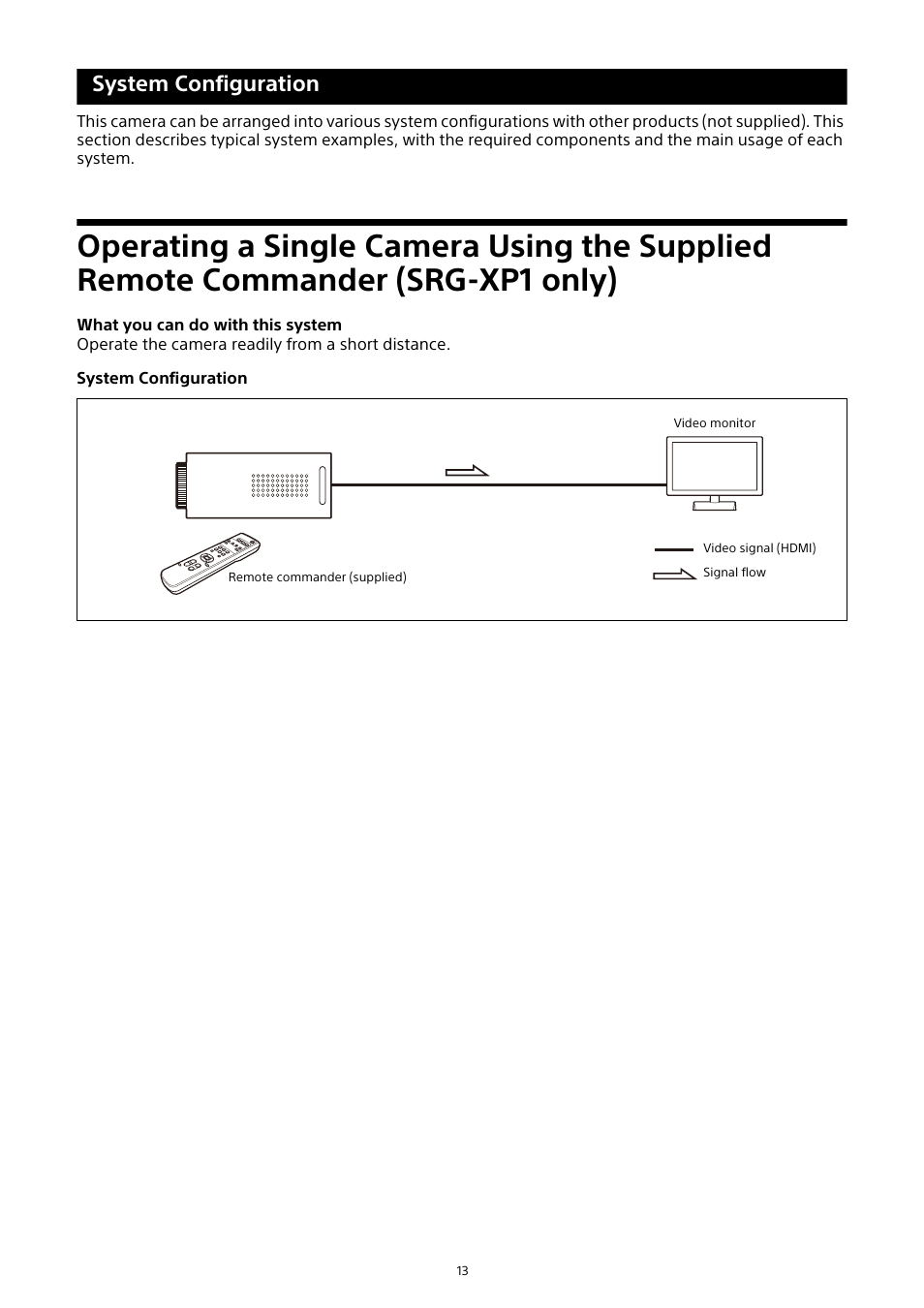 System configuration, Operating a single camera using the supplied, Remote commander (srg-xp1 only) | Sony HDVF-EL30 0.7" FHD OLED Viewfinder with 3.5" Display for 4K/HD Cameras User Manual | Page 13 / 73