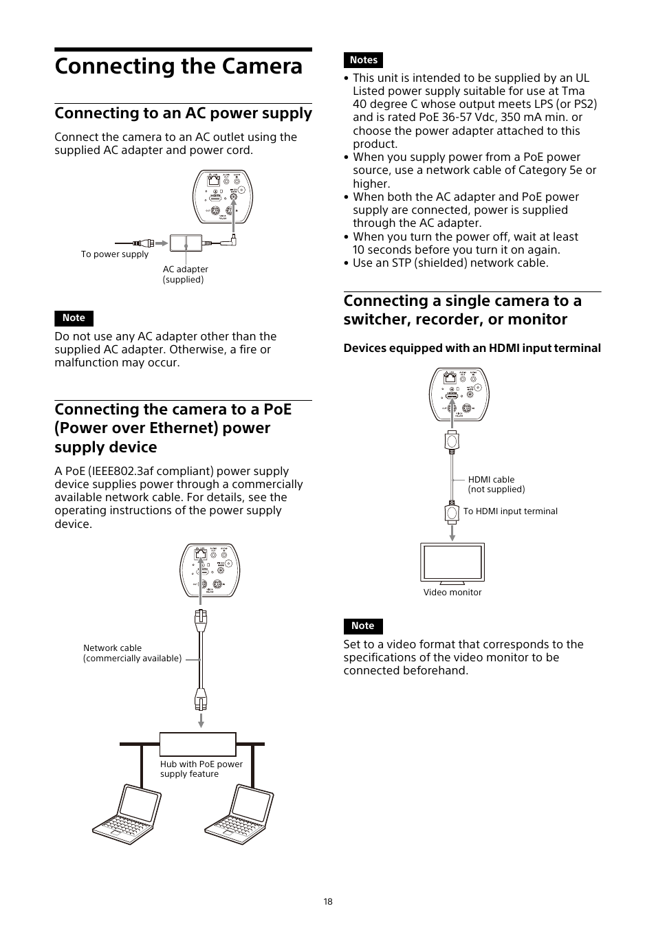 Connecting the camera, Connecting to an ac power supply, Connecting the camera to a poe (power | Over ethernet) power supply device, Connecting a single camera to a switcher, Recorder, or monitor | Sony HDVF-EL30 0.7" FHD OLED Viewfinder with 3.5" Display for 4K/HD Cameras User Manual | Page 18 / 73