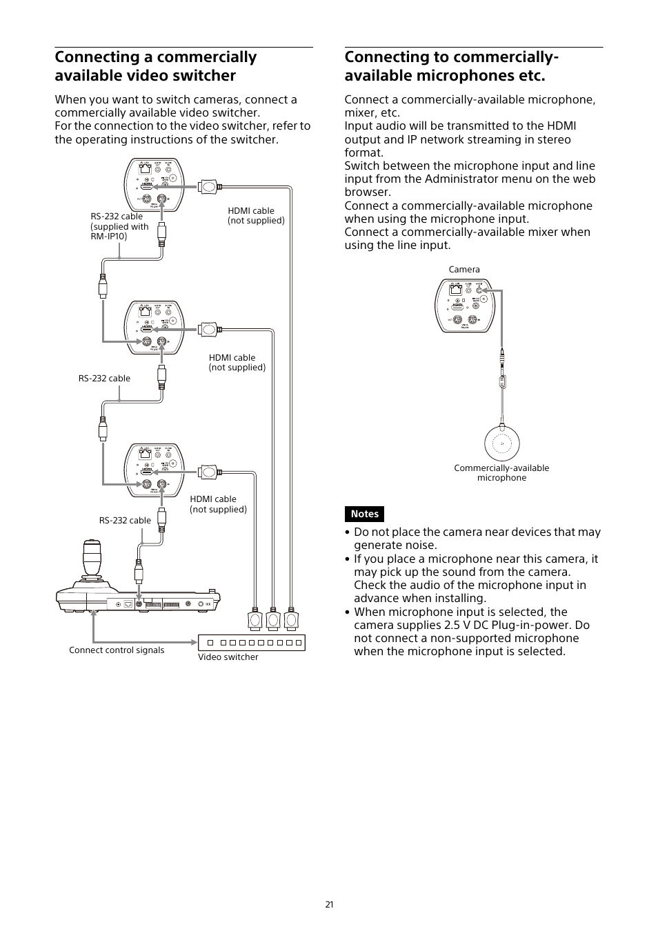 Connecting a commercially available, Video switcher, Connecting to commercially-available | Microphones etc, In “connecting to commercially, Connecting a commercially available video switcher | Sony HDVF-EL30 0.7" FHD OLED Viewfinder with 3.5" Display for 4K/HD Cameras User Manual | Page 21 / 73