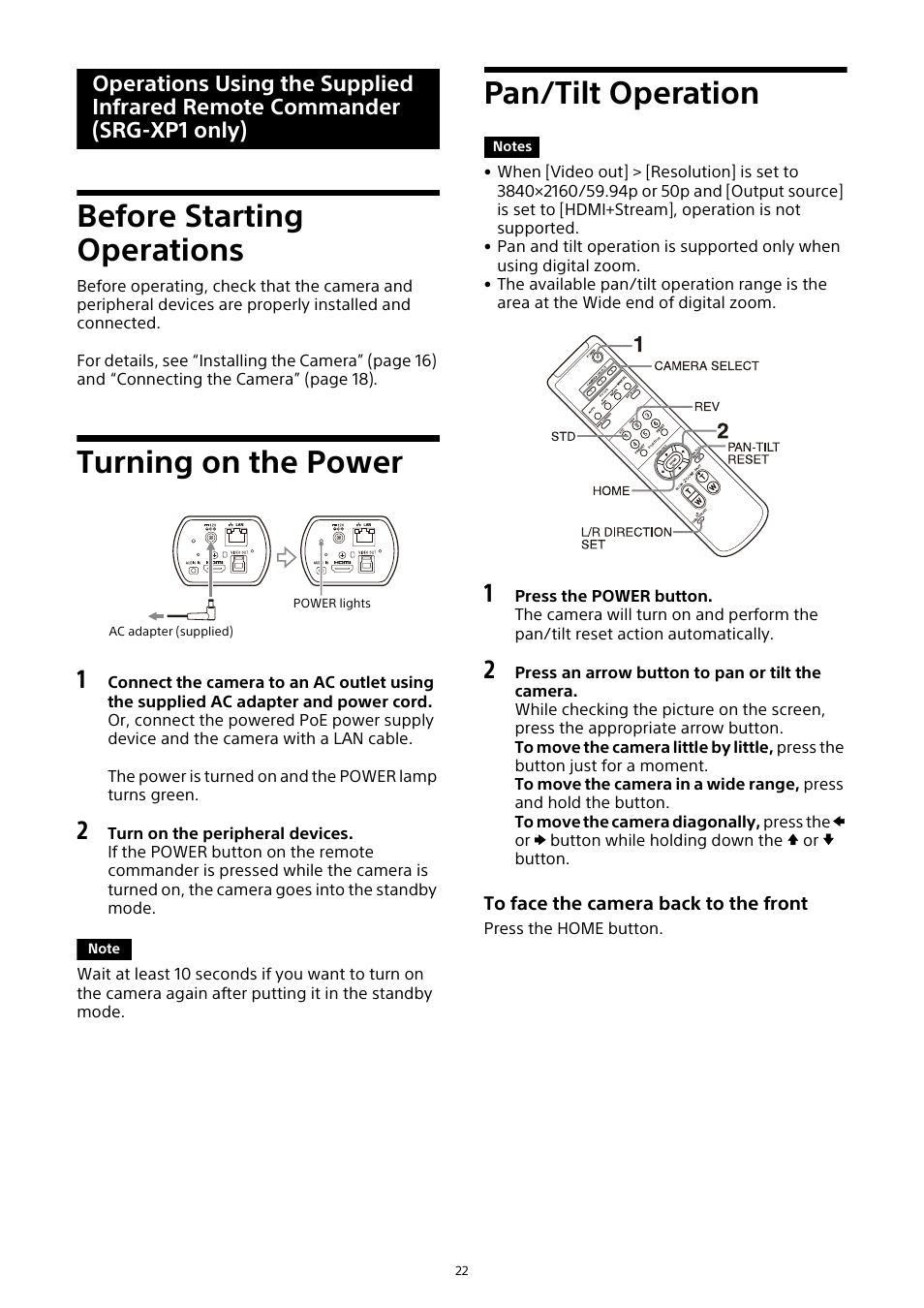 Before starting operations, Turning on the power, Pan/tilt operation | Operations using the supplied, Infrared remote commander, Srg-xp1 only) | Sony HDVF-EL30 0.7" FHD OLED Viewfinder with 3.5" Display for 4K/HD Cameras User Manual | Page 22 / 73