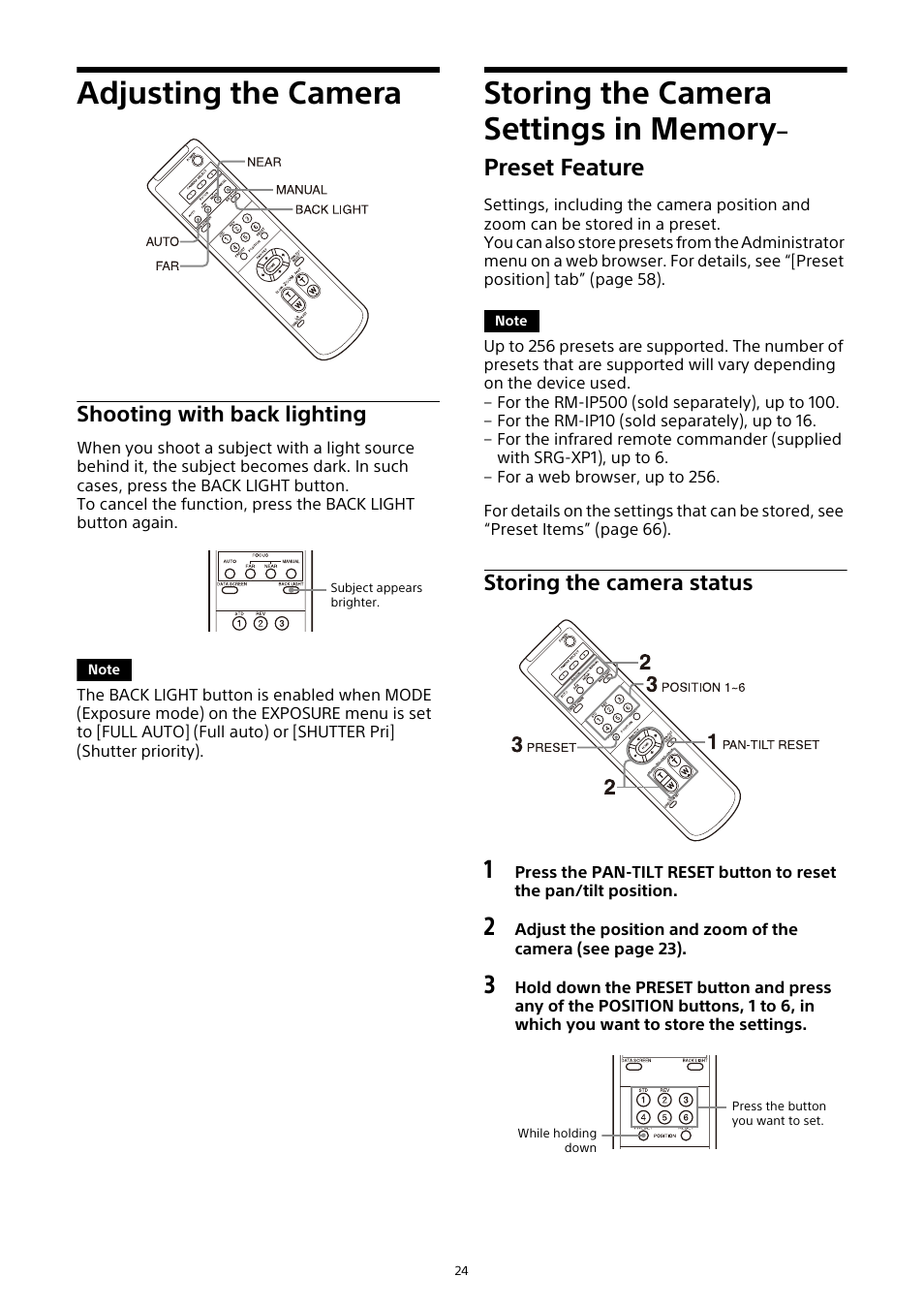 Adjusting the camera, Shooting with back lighting, Storing the camera settings in memory | Preset feature, Storing the camera status | Sony HDVF-EL30 0.7" FHD OLED Viewfinder with 3.5" Display for 4K/HD Cameras User Manual | Page 24 / 73