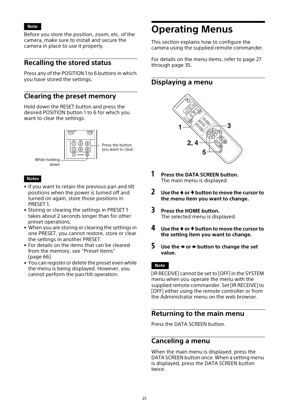 Operating menus, Recalling the stored status, Clearing the preset memory | Displaying a menu, Returning to the main menu, Canceling a menu | Sony HDVF-EL30 0.7" FHD OLED Viewfinder with 3.5" Display for 4K/HD Cameras User Manual | Page 25 / 73