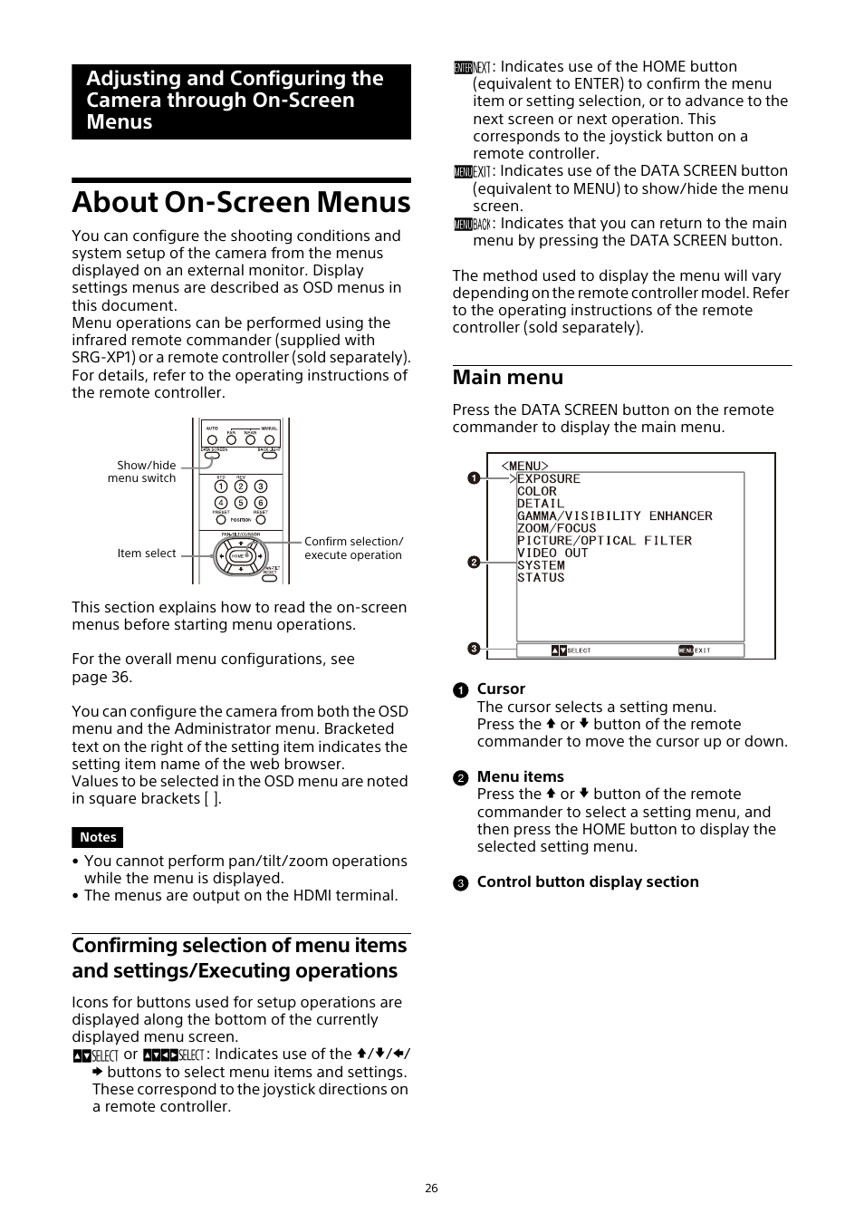 About on-screen menus, Adjusting and configuring the, Camera through on-screen menus | Confirming selection of menu items and, Settings/executing operations, Main menu | Sony HDVF-EL30 0.7" FHD OLED Viewfinder with 3.5" Display for 4K/HD Cameras User Manual | Page 26 / 73