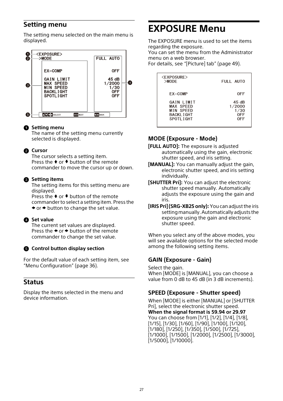 Exposure menu, Setting menu, Status | Sony HDVF-EL30 0.7" FHD OLED Viewfinder with 3.5" Display for 4K/HD Cameras User Manual | Page 27 / 73