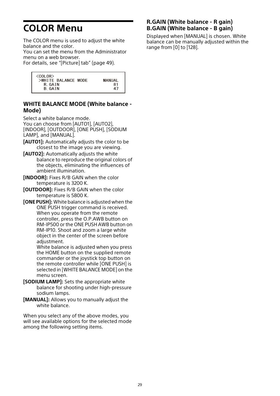 Color menu | Sony HDVF-EL30 0.7" FHD OLED Viewfinder with 3.5" Display for 4K/HD Cameras User Manual | Page 29 / 73