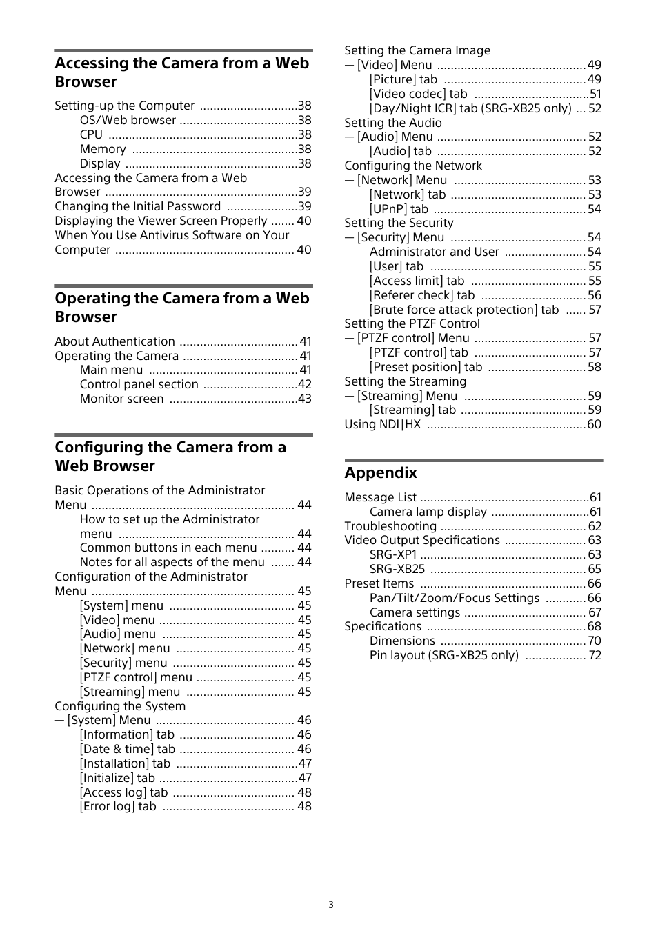 Accessing the camera from a web browser, Operating the camera from a web browser, Configuring the camera from a web browser | Appendix | Sony HDVF-EL30 0.7" FHD OLED Viewfinder with 3.5" Display for 4K/HD Cameras User Manual | Page 3 / 73