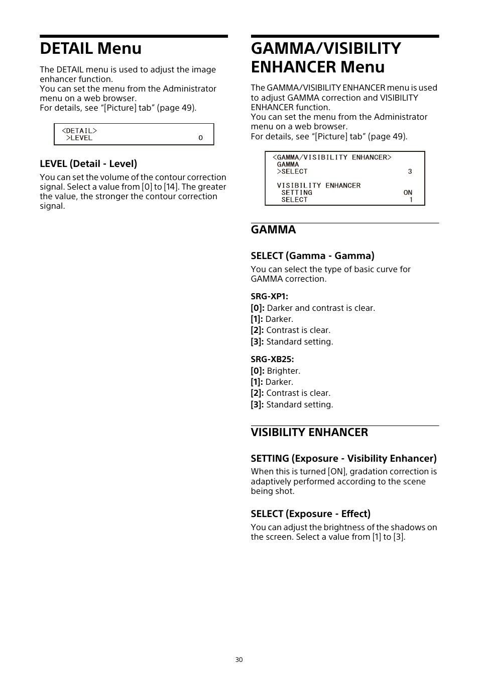 Detail menu, Gamma/visibility enhancer menu, Gamma | Visibility enhancer | Sony HDVF-EL30 0.7" FHD OLED Viewfinder with 3.5" Display for 4K/HD Cameras User Manual | Page 30 / 73