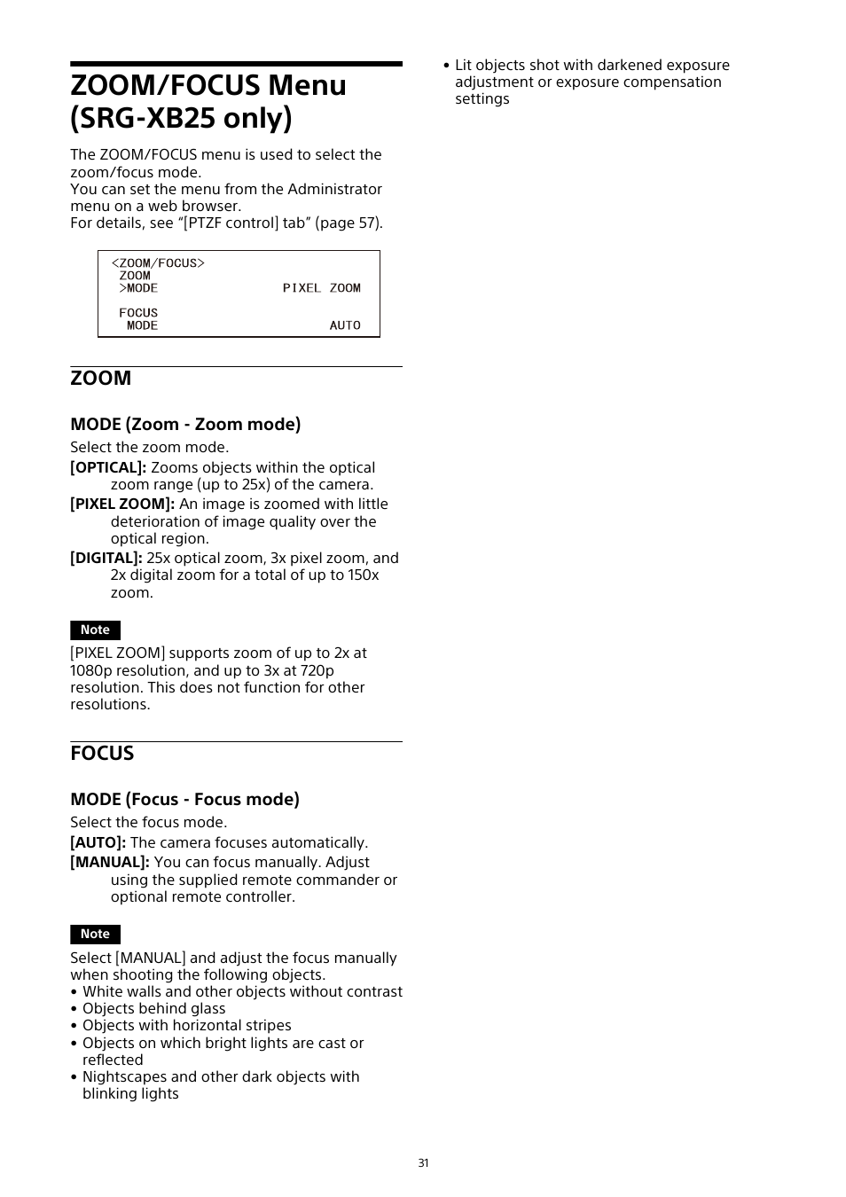 Zoom/focus menu (srg-xb25 only), Zoom, Focus | Sony HDVF-EL30 0.7" FHD OLED Viewfinder with 3.5" Display for 4K/HD Cameras User Manual | Page 31 / 73