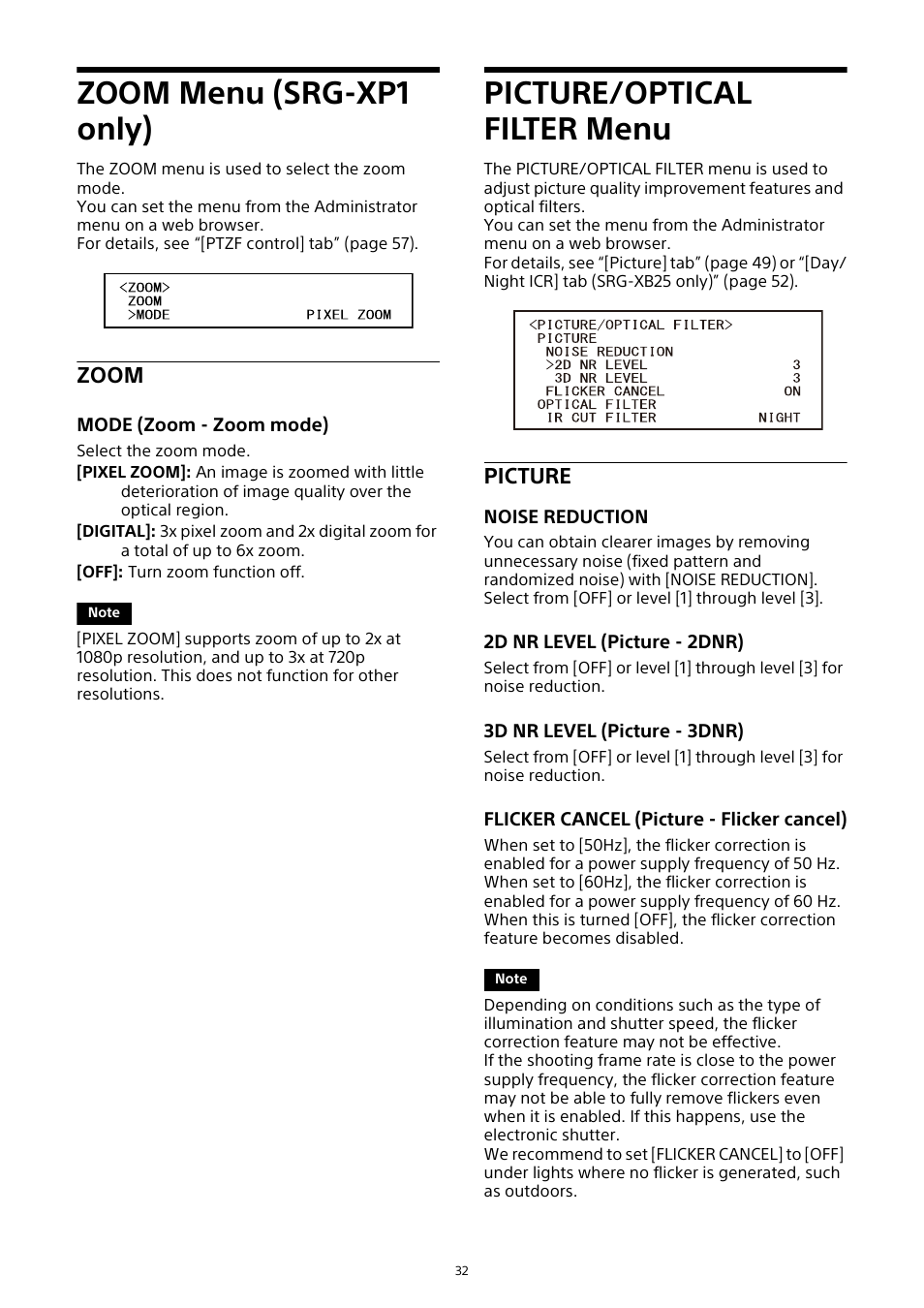 Zoom menu (srg-xp1 only), Picture/optical filter menu, Zoom | Picture | Sony HDVF-EL30 0.7" FHD OLED Viewfinder with 3.5" Display for 4K/HD Cameras User Manual | Page 32 / 73