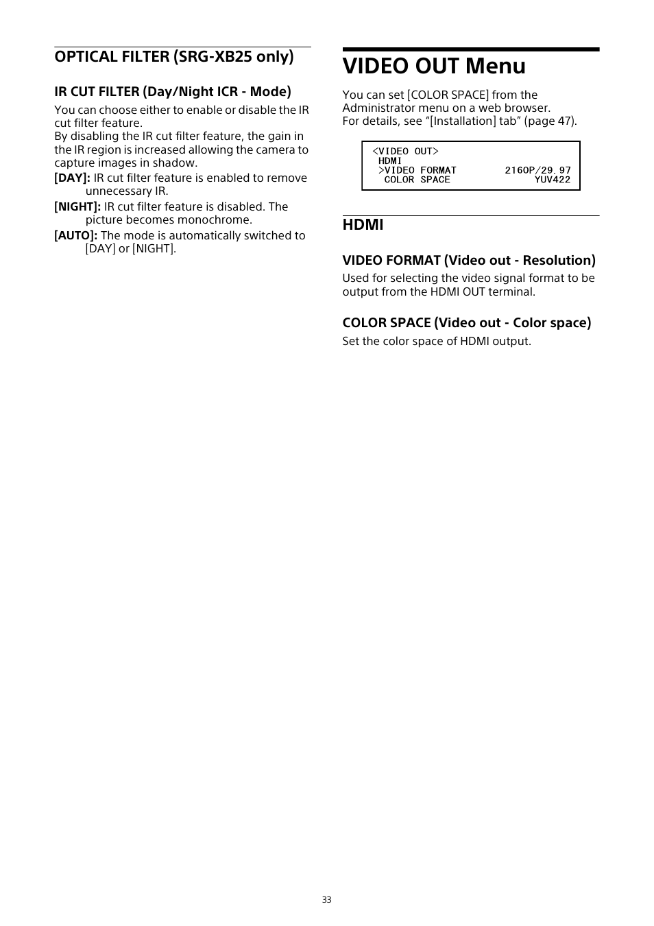 Video out menu, Optical filter (srg-xb25 only), Hdmi | Sony HDVF-EL30 0.7" FHD OLED Viewfinder with 3.5" Display for 4K/HD Cameras User Manual | Page 33 / 73