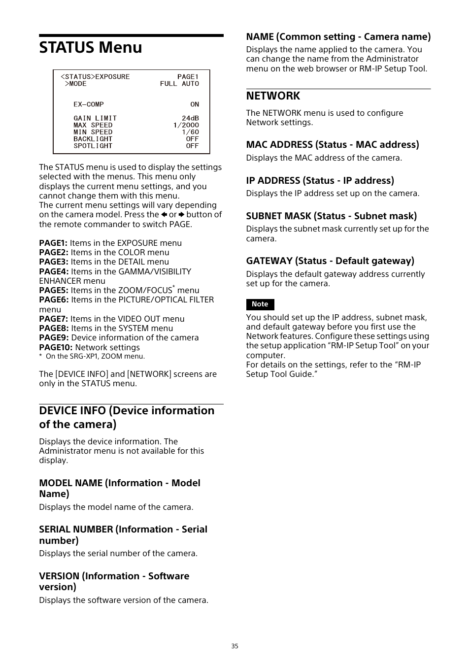 Status menu, Device info (device information of the, Camera) | Network, Device info (device information of the camera) | Sony HDVF-EL30 0.7" FHD OLED Viewfinder with 3.5" Display for 4K/HD Cameras User Manual | Page 35 / 73