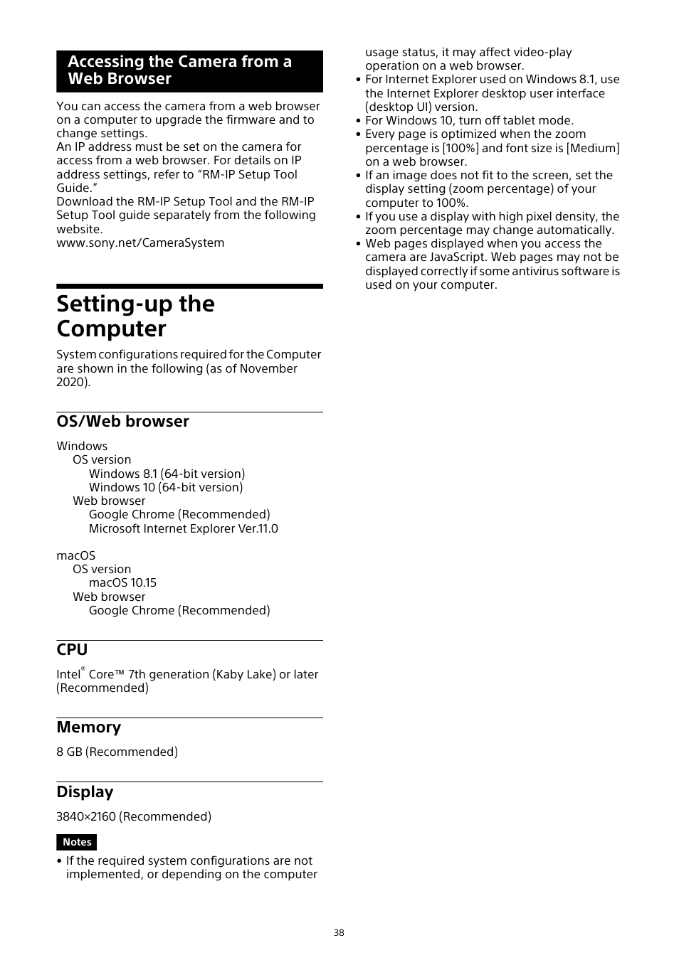 Accessing the camera from a web browser, Setting-up the computer, Accessing the camera from a web | Browser, Os/web browser, Memory, Display | Sony HDVF-EL30 0.7" FHD OLED Viewfinder with 3.5" Display for 4K/HD Cameras User Manual | Page 38 / 73