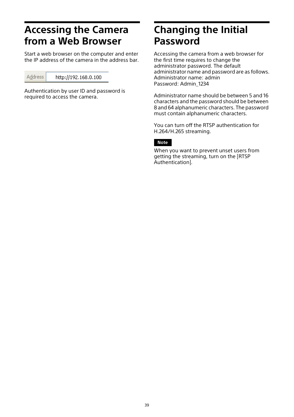 Accessing the camera from a web browser, Changing the initial password, Accessing the camera from a web | Browser | Sony HDVF-EL30 0.7" FHD OLED Viewfinder with 3.5" Display for 4K/HD Cameras User Manual | Page 39 / 73