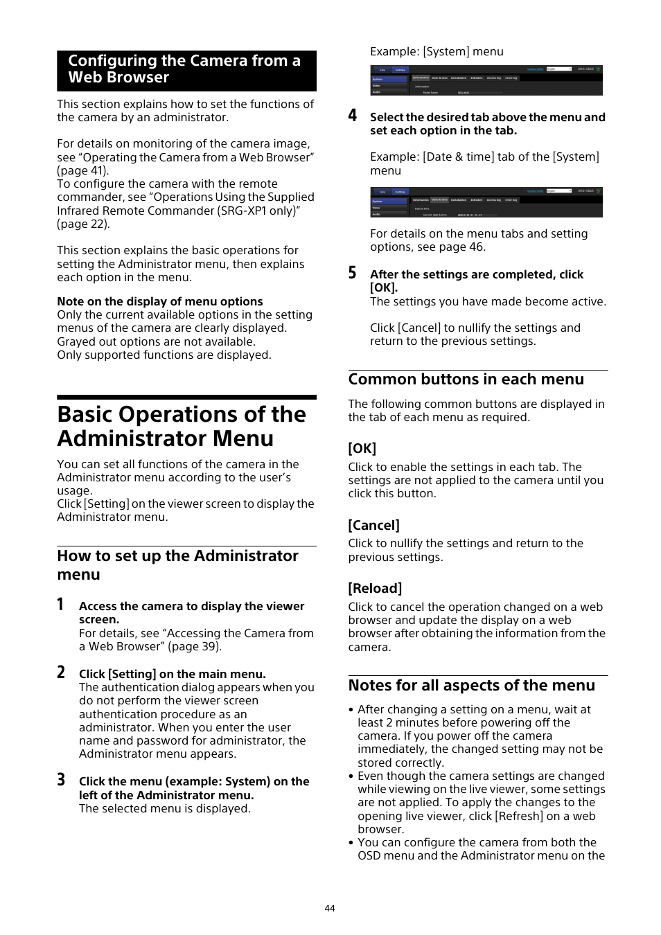 Configuring the camera from a web browser, Basic operations of the administrator menu, Configuring the camera from a | Web browser, Basic operations of the administrator, Menu, How to set up the administrator, Common buttons in each menu, Notes for all aspects of the menu, How to set up the administrator menu | Sony HDVF-EL30 0.7" FHD OLED Viewfinder with 3.5" Display for 4K/HD Cameras User Manual | Page 44 / 73