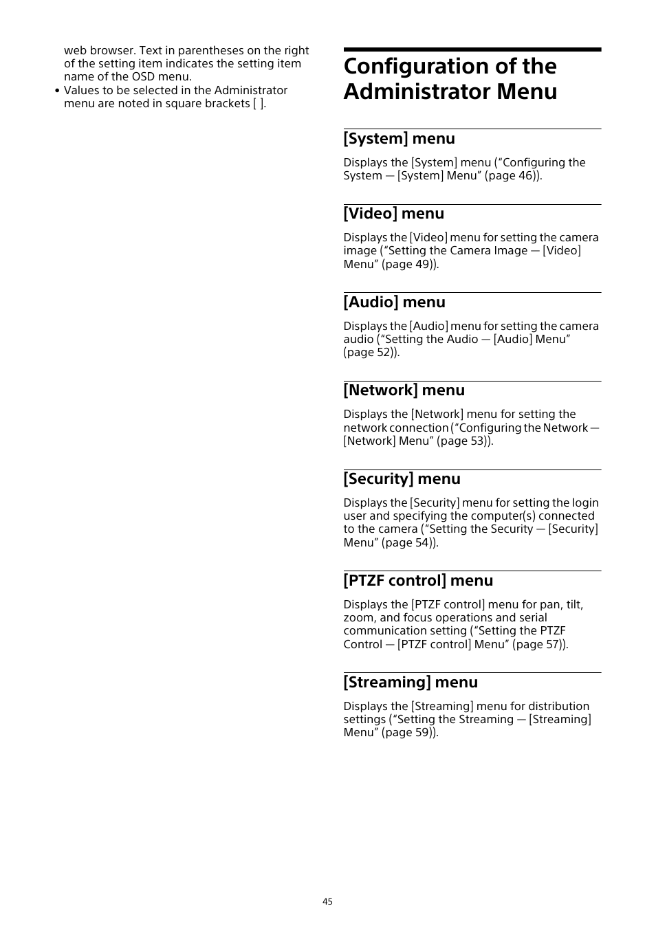 Configuration of the administrator menu, Configuration of the administrator, Menu | System] menu, Video] menu, Audio] menu, Network] menu, Security] menu, Ptzf control] menu, Streaming] menu | Sony HDVF-EL30 0.7" FHD OLED Viewfinder with 3.5" Display for 4K/HD Cameras User Manual | Page 45 / 73