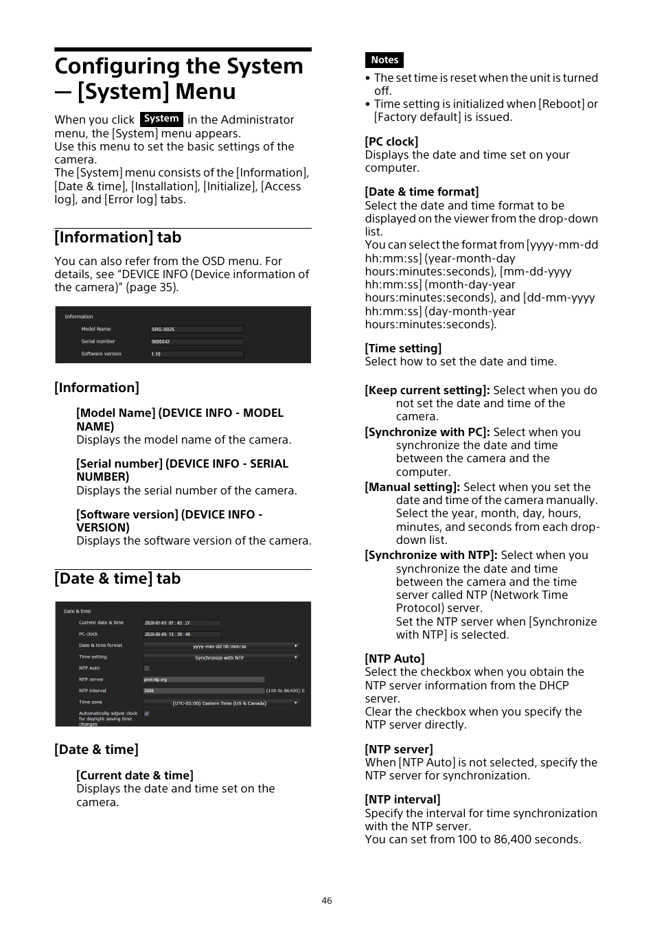 Configuring the system — [system] menu, Configuring the system, System] menu | Information] tab, Date & time] tab | Sony HDVF-EL30 0.7" FHD OLED Viewfinder with 3.5" Display for 4K/HD Cameras User Manual | Page 46 / 73