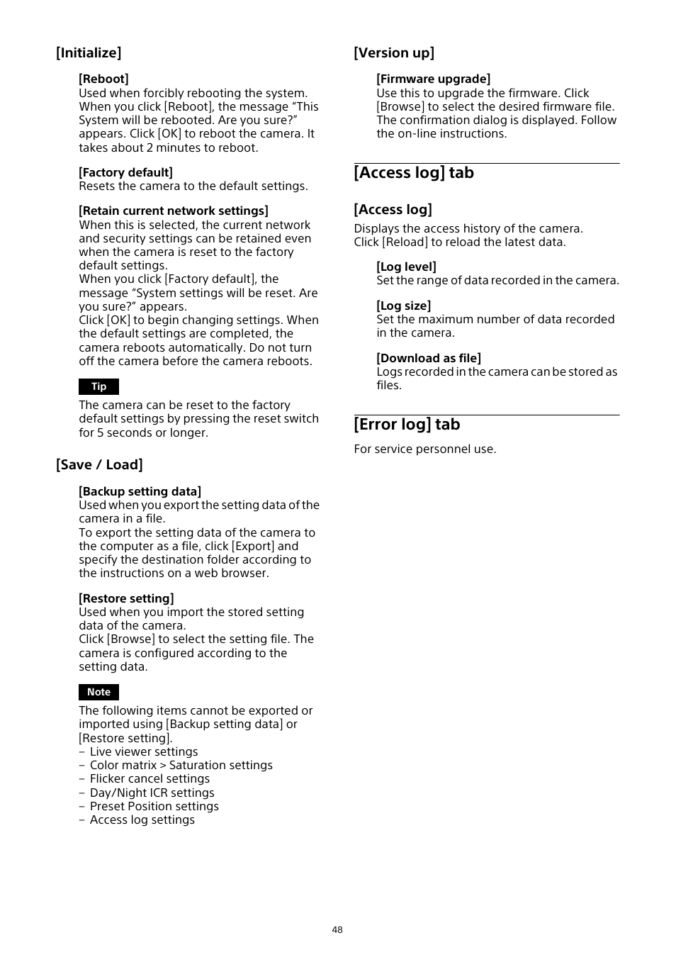 Access log] tab, Error log] tab | Sony HDVF-EL30 0.7" FHD OLED Viewfinder with 3.5" Display for 4K/HD Cameras User Manual | Page 48 / 73