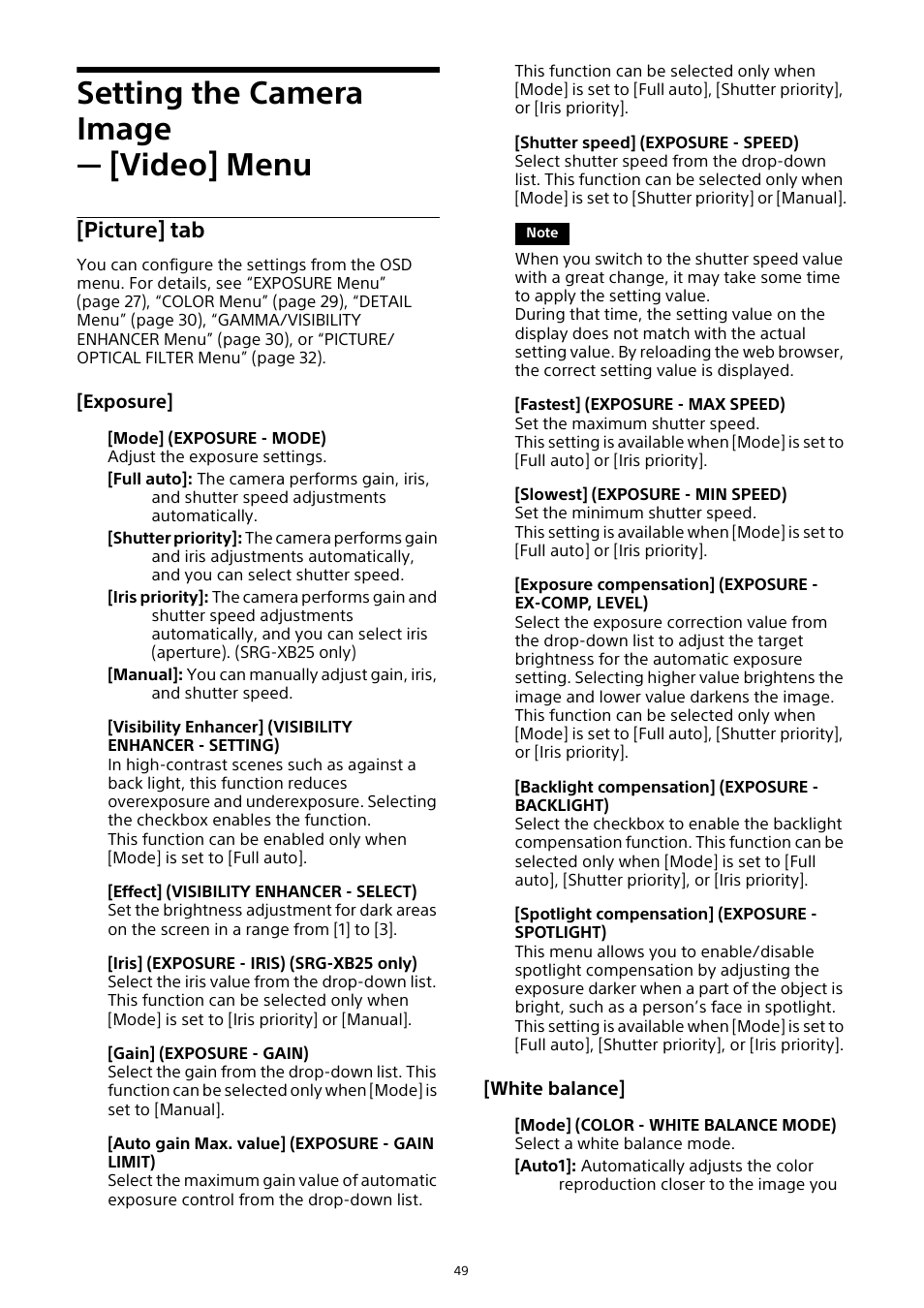 Setting the camera image — [video] menu, Setting the camera image, Video] menu | Picture] tab | Sony HDVF-EL30 0.7" FHD OLED Viewfinder with 3.5" Display for 4K/HD Cameras User Manual | Page 49 / 73