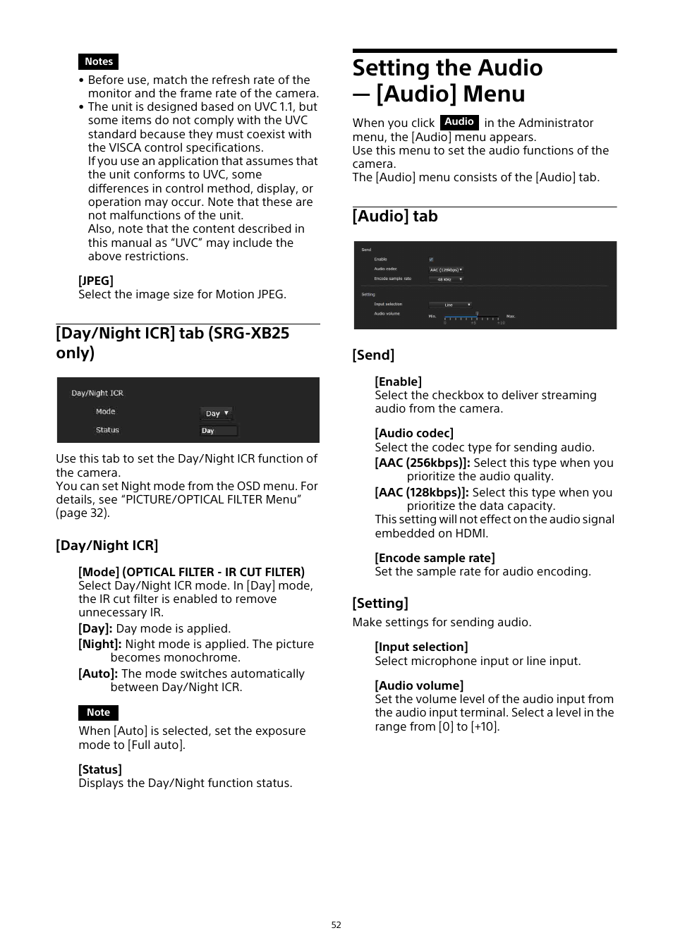 Setting the audio — [audio] menu, Day/night icr] tab (srg-xb25 only), Setting the audio | Audio] menu, Audio] tab | Sony HDVF-EL30 0.7" FHD OLED Viewfinder with 3.5" Display for 4K/HD Cameras User Manual | Page 52 / 73