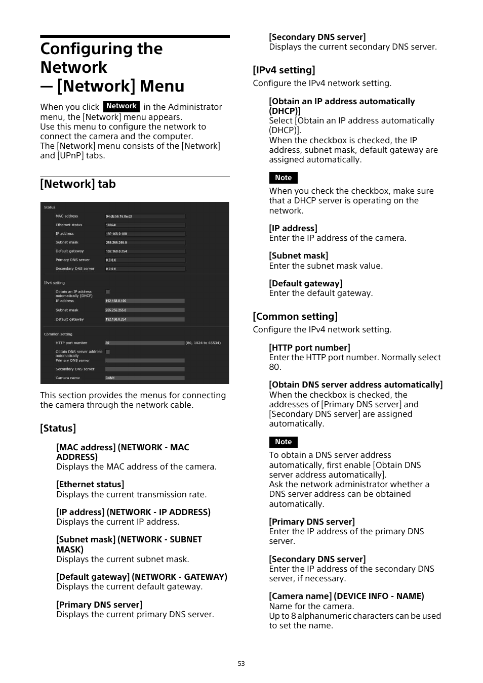 Configuring the network — [network] menu, Configuring the network, Network] menu | Network] tab | Sony HDVF-EL30 0.7" FHD OLED Viewfinder with 3.5" Display for 4K/HD Cameras User Manual | Page 53 / 73