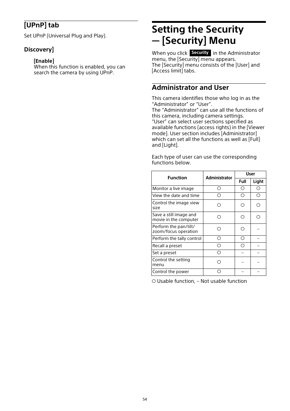 Setting the security — [security] menu, Upnp] tab, Setting the security | Security] menu, Administrator and user, Discovery | Sony HDVF-EL30 0.7" FHD OLED Viewfinder with 3.5" Display for 4K/HD Cameras User Manual | Page 54 / 73
