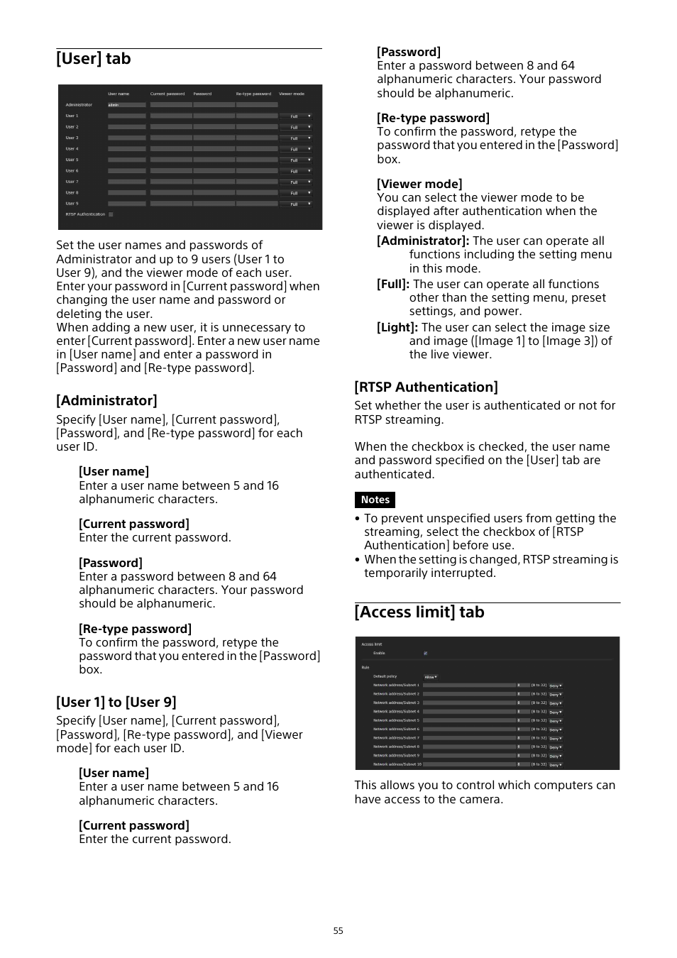 User] tab, Access limit] tab | Sony HDVF-EL30 0.7" FHD OLED Viewfinder with 3.5" Display for 4K/HD Cameras User Manual | Page 55 / 73