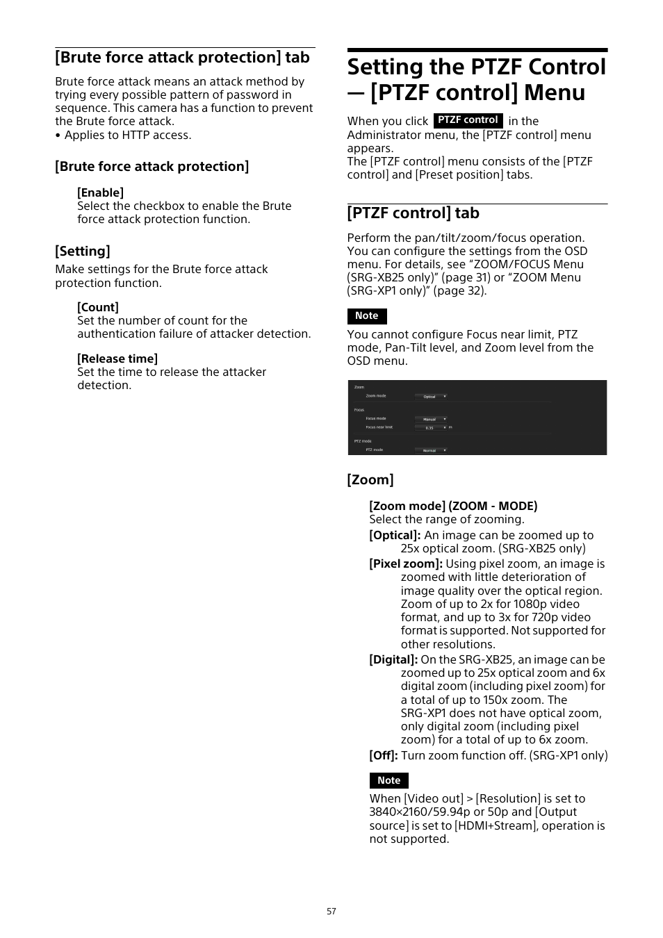 Setting the ptzf control — [ptzf control] menu, Brute force attack protection] tab, Setting the ptzf control | Ptzf control] menu, Ptzf control] tab | Sony HDVF-EL30 0.7" FHD OLED Viewfinder with 3.5" Display for 4K/HD Cameras User Manual | Page 57 / 73